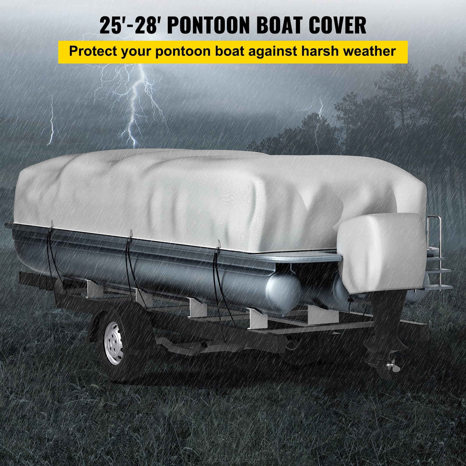 Pontoon Boat Cover, Fit for 25\'-28\' Boat, Heavy Duty 600D Marine Grade Oxford Fabric, UV Resistant Waterproof Trailerable Boat Cover with 2 Support Poles and 7 Wind-Proof Straps, Gray