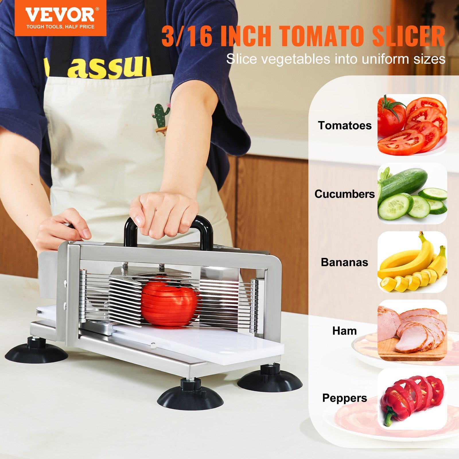 Commercial Tomato Slicer, 3/16 inch Tomato Cutter Slicer, Stainless Steel Heavy Duty Tomato Slicer Machine, Manual Tomato Slicer with Non-slip Feet, for Cutting Tomatoes, Cucumbers, Bananas