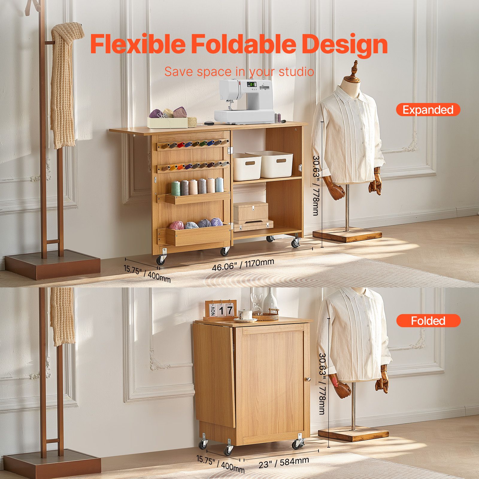 Folding Sewing Table with Lockable Wheels Shelves Trays Door Wood Color