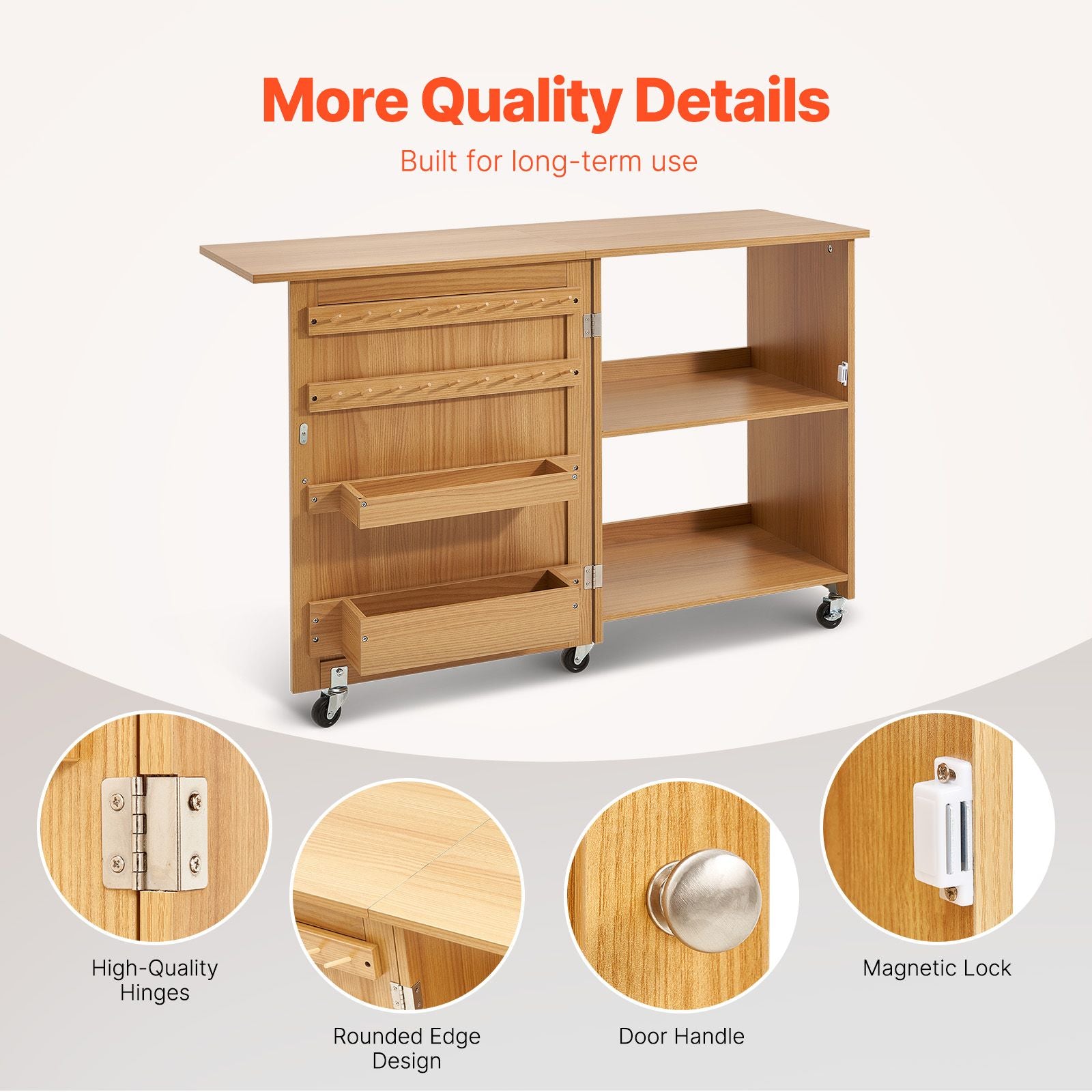 Folding Sewing Table with Lockable Wheels Shelves Trays Door Wood Color
