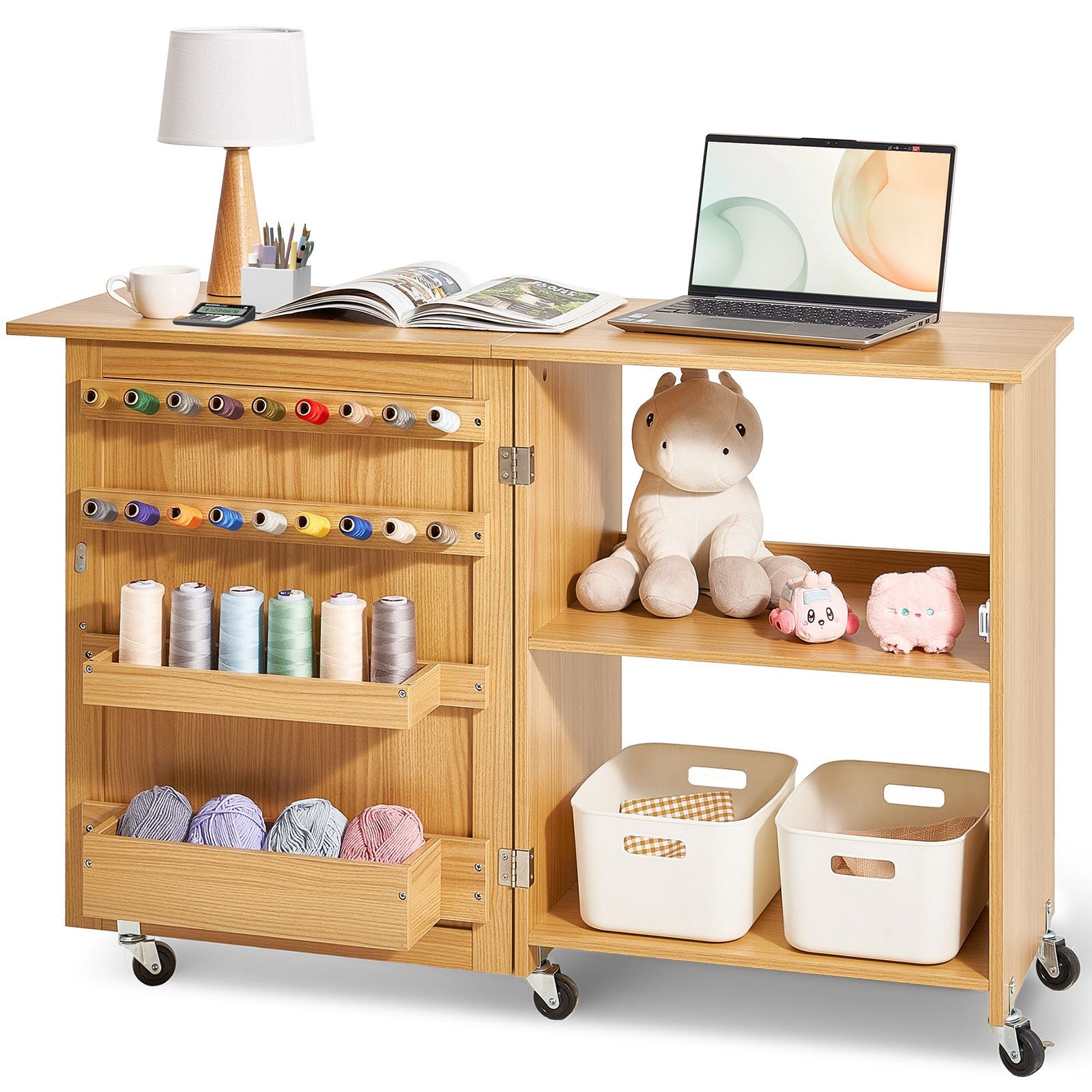 Folding Sewing Table with Lockable Wheels Shelves Trays Door Wood Color