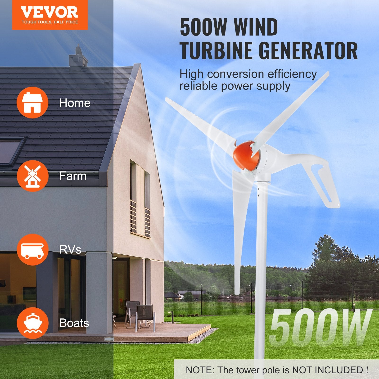 500W Wind Turbine Generator, 12V Wind Turbine Kit, 3-Blade Wind Power Generator with Anemometer, MPPT Controller & Adjustable Windward Direction, Suitable for Home, Farm, RVs, Boats