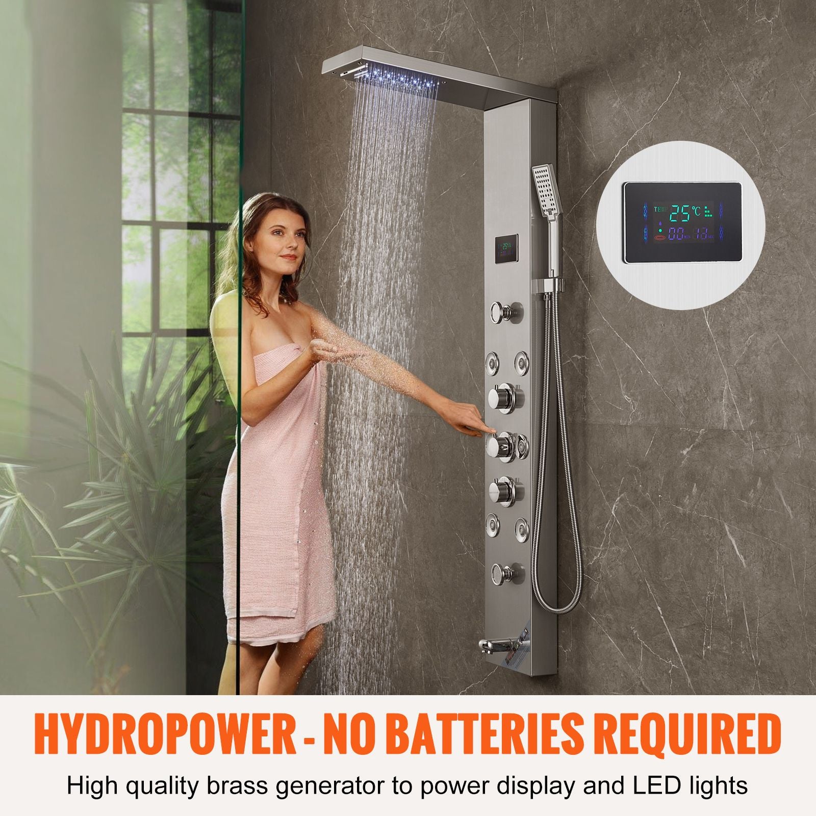 Shower Panel System, 6 Shower Modes, LED & Screen Hydroelectricity Shower Panel Tower, Rainfall, Waterfall, 8 Massage Jets, Tub Spout, Handheld Shower, Stainless Steel Wall-Mounted Shower Set