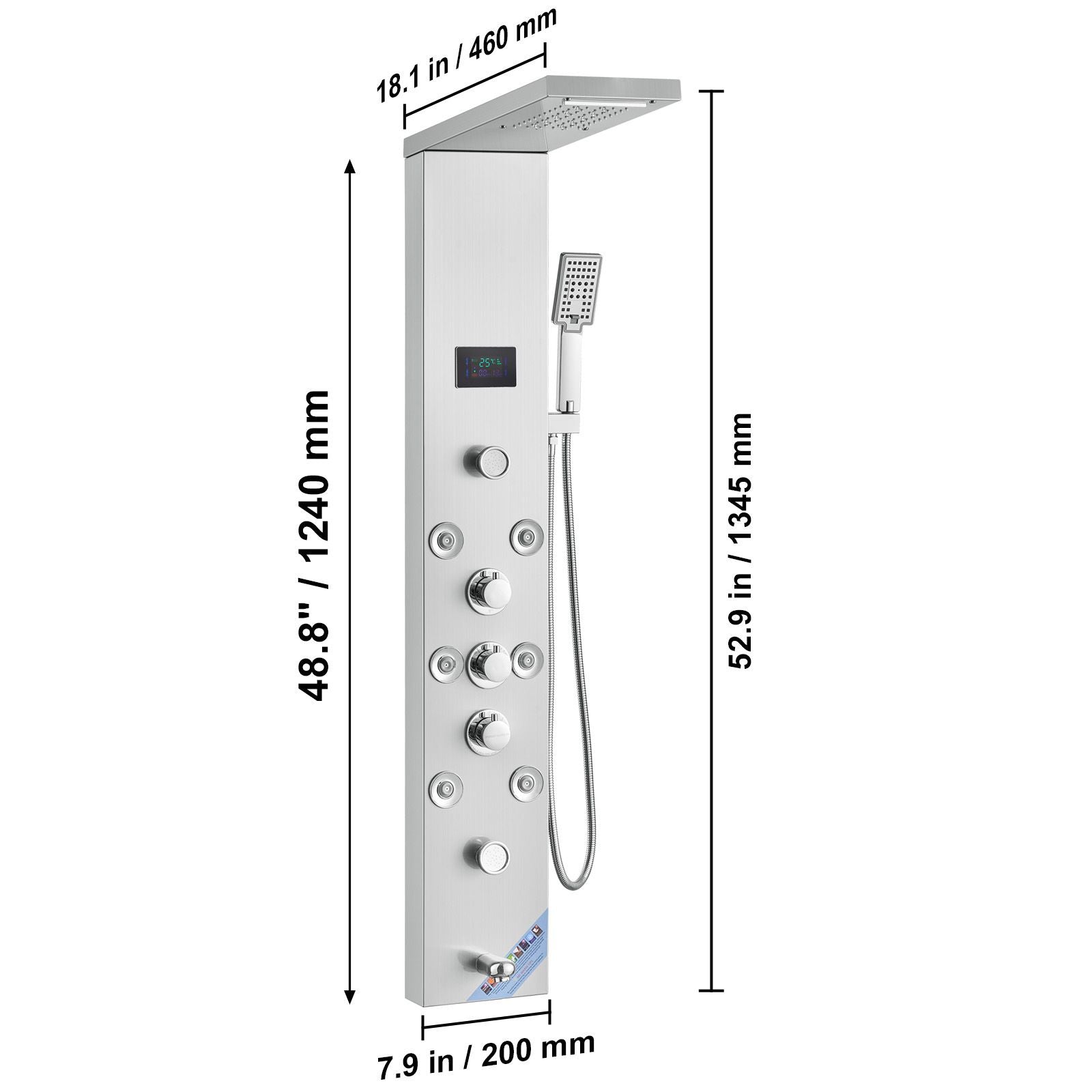 Shower Panel System, 6 Shower Modes, LED & Screen Hydroelectricity Shower Panel Tower, Rainfall, Waterfall, 8 Massage Jets, Tub Spout, Handheld Shower, Stainless Steel Wall-Mounted Shower Set