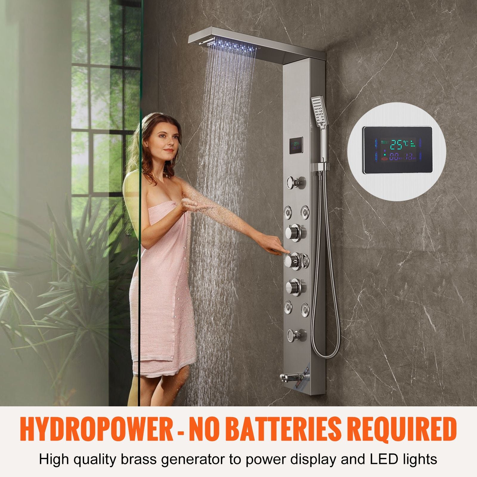 Shower Panel System, 6 Shower Modes, LED & Screen Hydroelectricity Shower Panel Tower, Rainfall, Waterfall, 5 Massage Jets, Tub Spout, Handheld Shower, Stainless Steel Wall-Mounted Shower Set