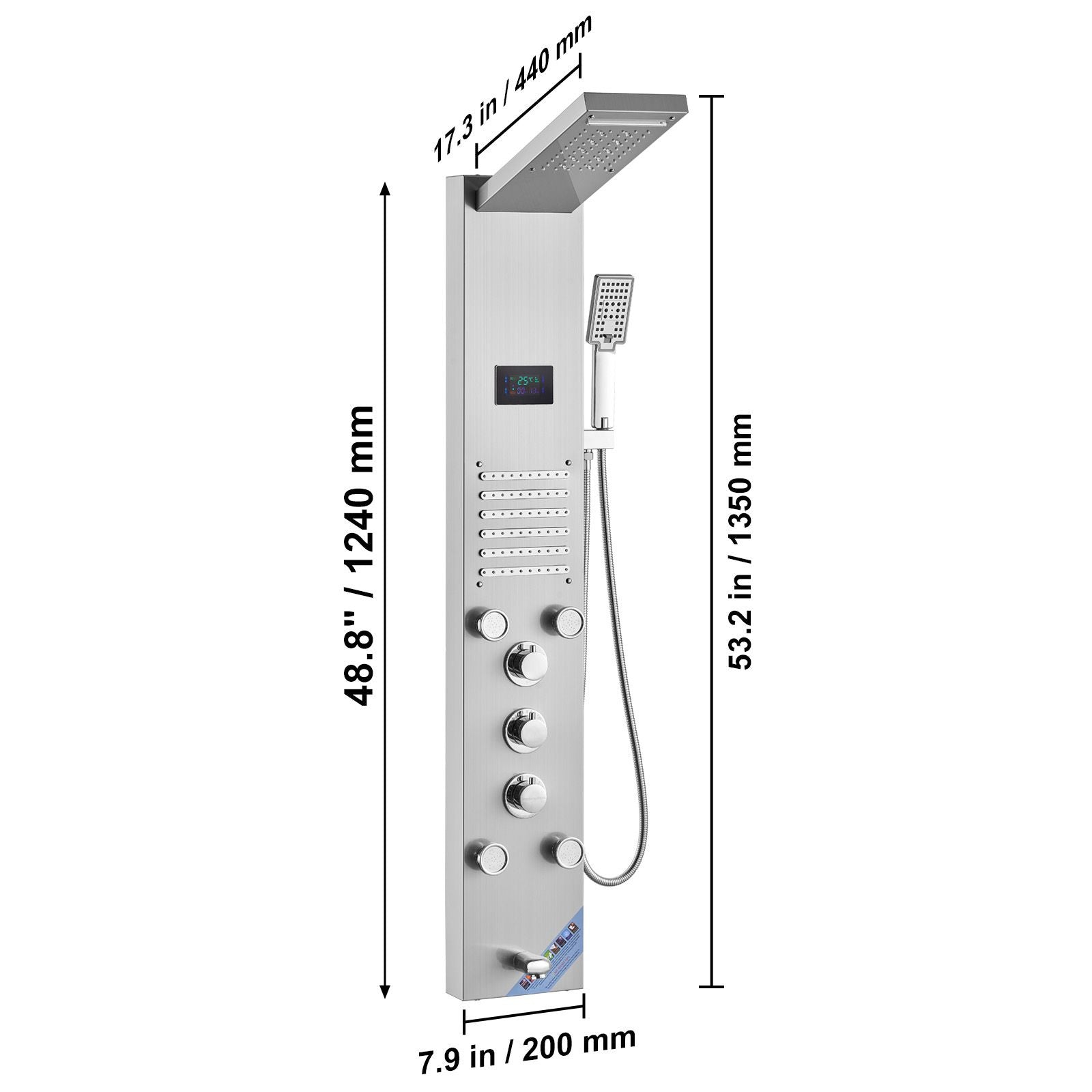 Shower Panel System, 6 Shower Modes, LED & Screen Hydroelectricity Shower Panel Tower, Rainfall, Waterfall, 5 Massage Jets, Tub Spout, Handheld Shower, Stainless Steel Wall-Mounted Shower Set