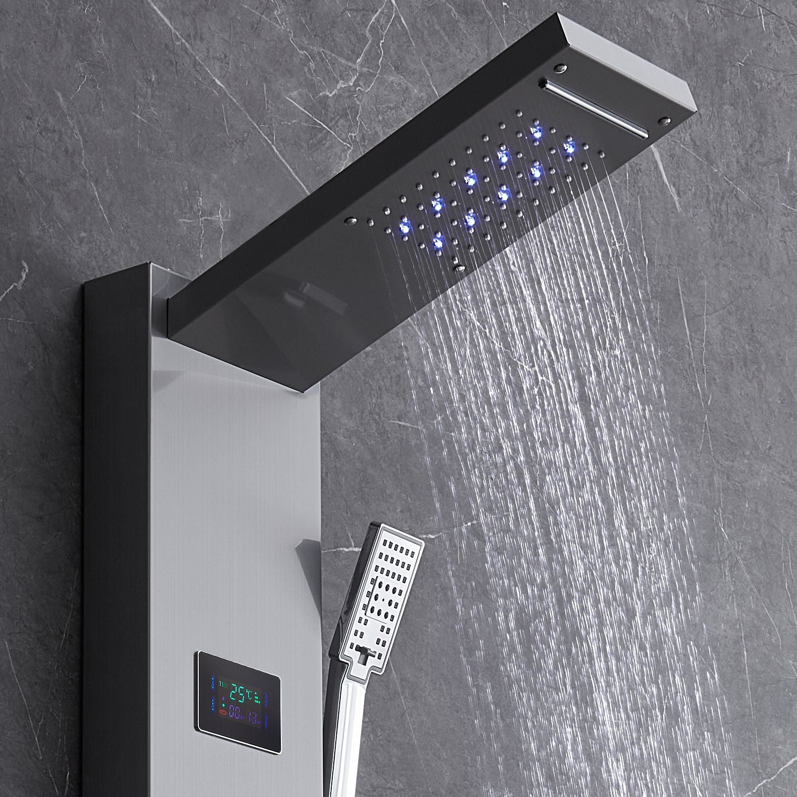 Shower Panel System, 6 Shower Modes, LED & Screen Hydroelectricity Shower Panel Tower, Rainfall, Waterfall, 5 Massage Jets, Tub Spout, Handheld Shower, Stainless Steel Wall-Mounted Shower Set