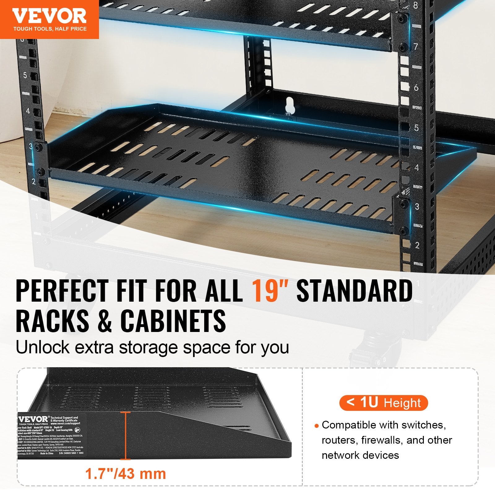 2PCS 1U Server Rack Shelf, 254mm Depth, 22.68kg Max Load Capacity Vented Cantilever or Wall Mount Rack Mount Shelf with Tray, Good Air Circulation for 482.6mm Network Cabinet or Equipment Rack