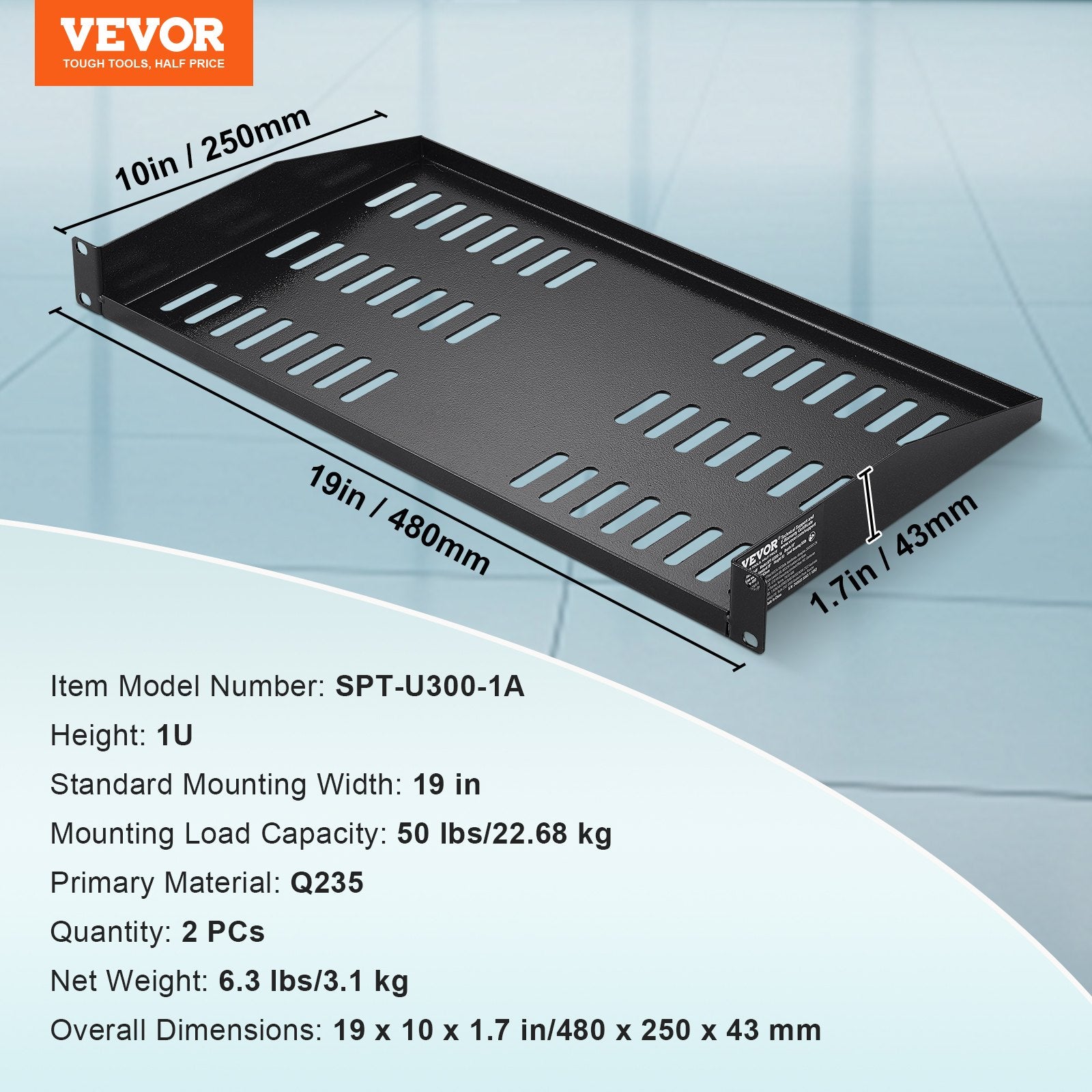 2PCS 1U Server Rack Shelf, 254mm Depth, 22.68kg Max Load Capacity Vented Cantilever or Wall Mount Rack Mount Shelf with Tray, Good Air Circulation for 482.6mm Network Cabinet or Equipment Rack