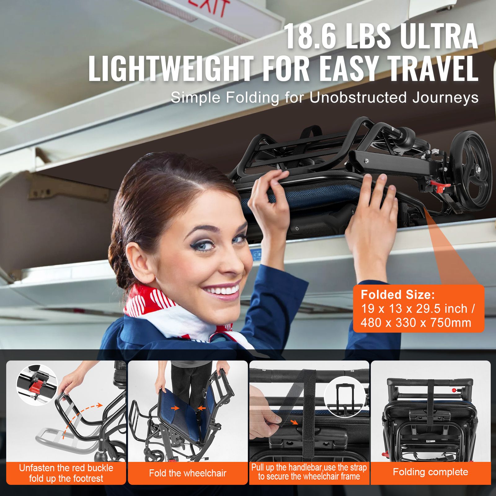 Lightweight Foldable Aluminum Transport Wheelchair 15.75