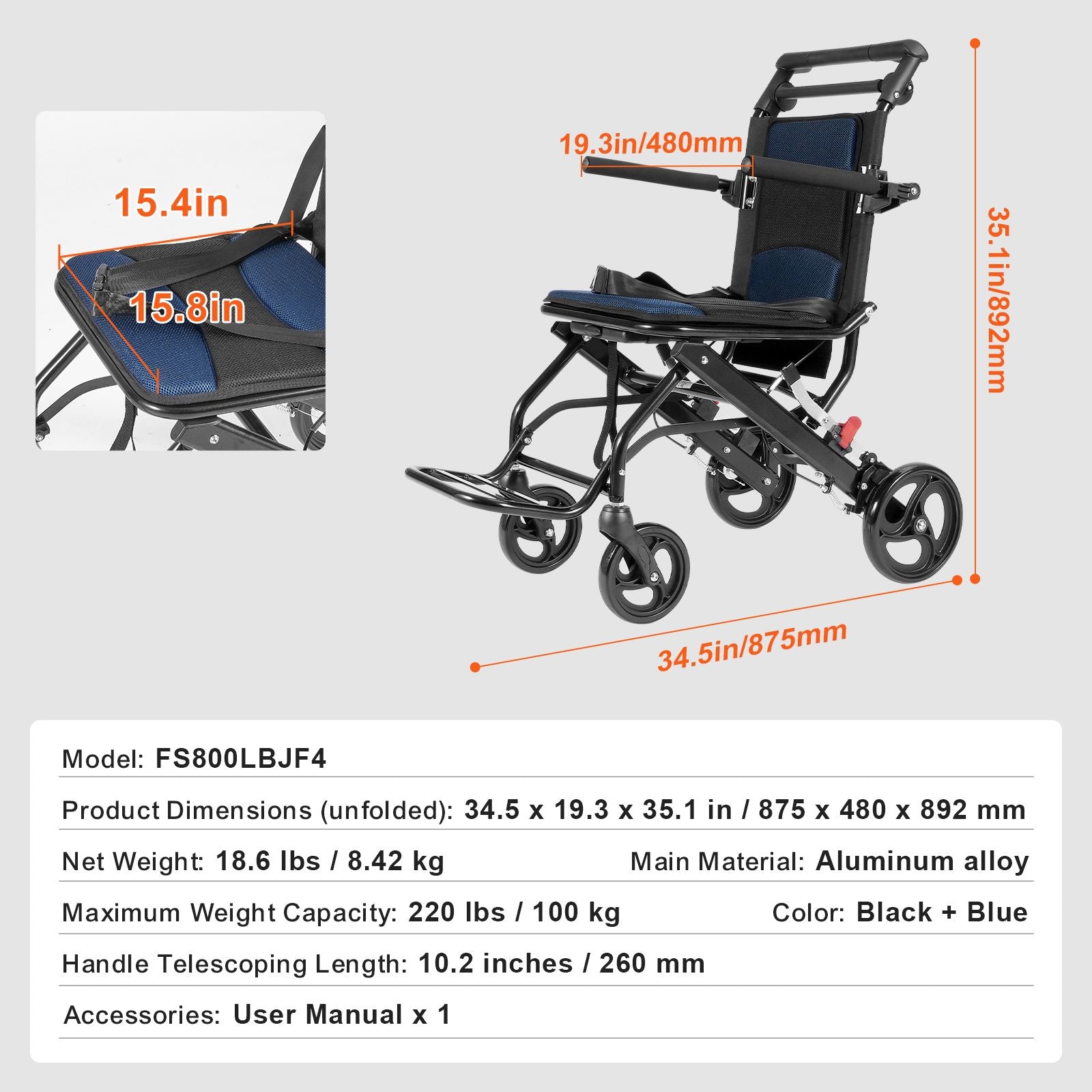 Lightweight Foldable Aluminum Transport Wheelchair 15.75