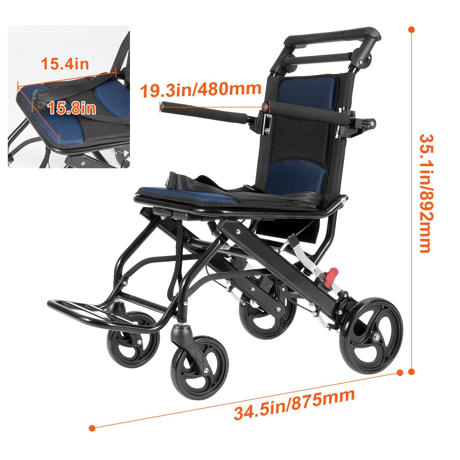 Lightweight Foldable Aluminum Transport Wheelchair 15.75