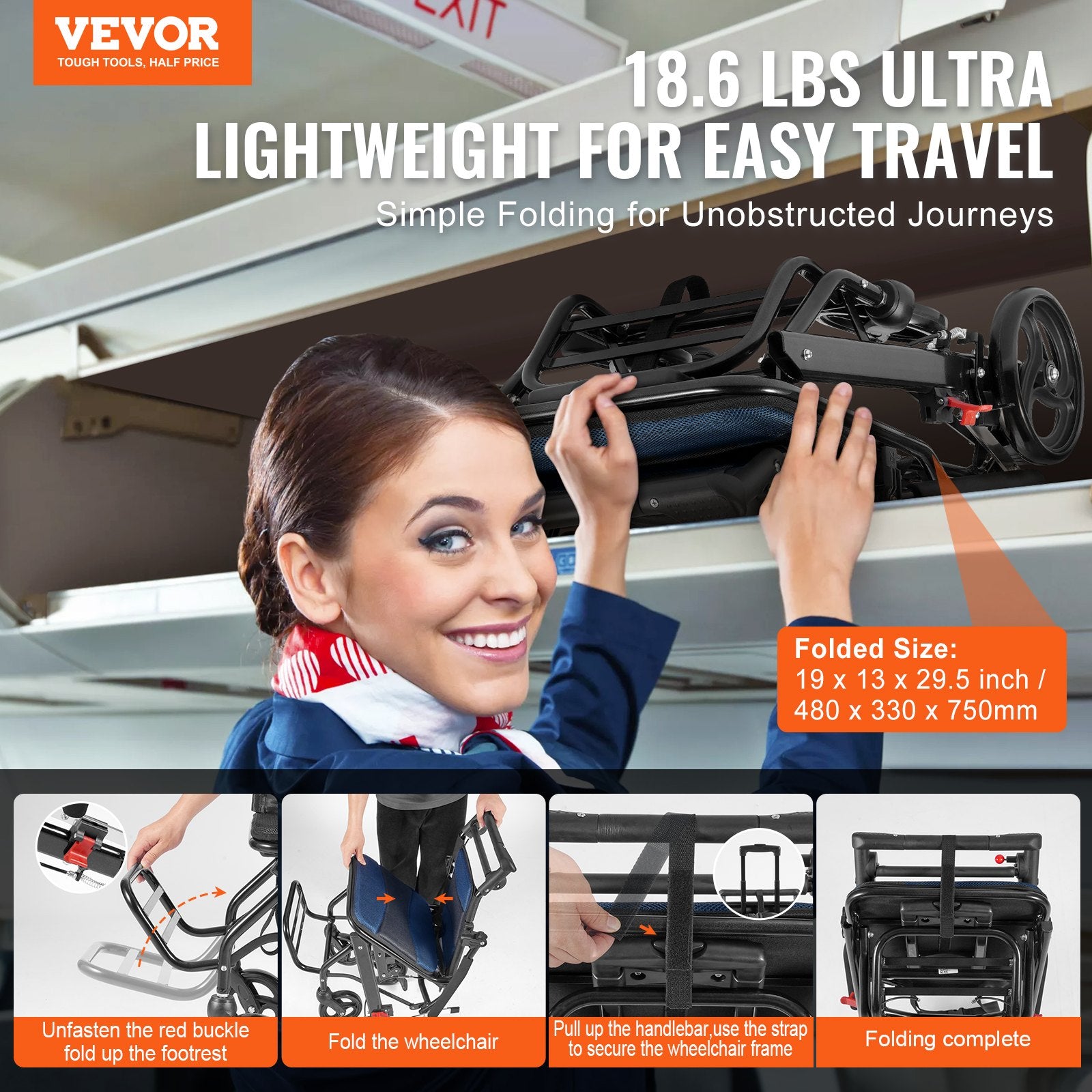 Wheelchair, Aluminum Alloy Ultra-Lightweight Transport Chair for Adults, Foldable Cabin Wheelchair with Flip-Back Desk-Length Arms, Self-locking Brake, 15.75-Inch Wide Seat, 220lbs Load