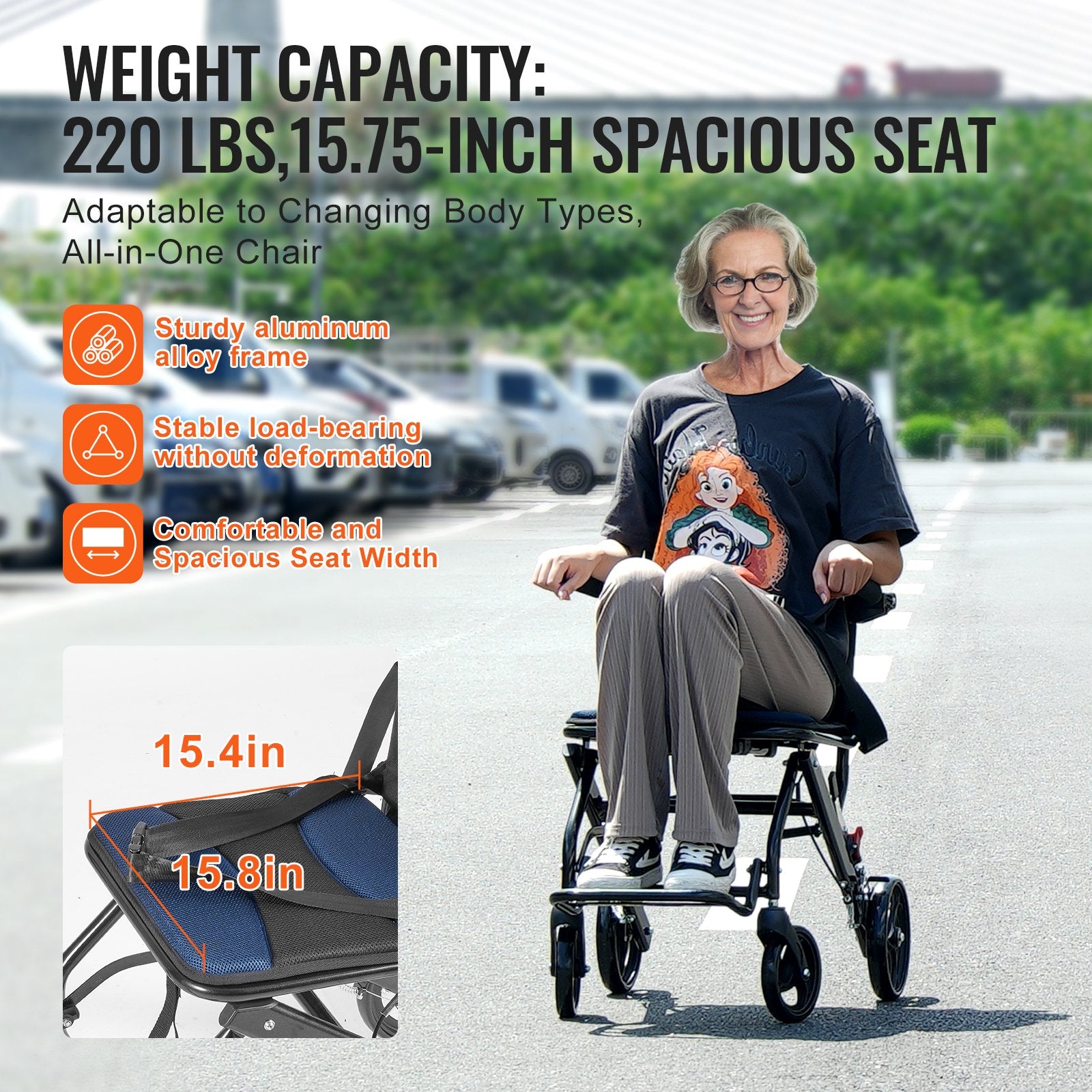 Wheelchair, Aluminum Alloy Ultra-Lightweight Transport Chair for Adults, Foldable Cabin Wheelchair with Flip-Back Desk-Length Arms, Self-locking Brake, 15.75-Inch Wide Seat, 220lbs Load