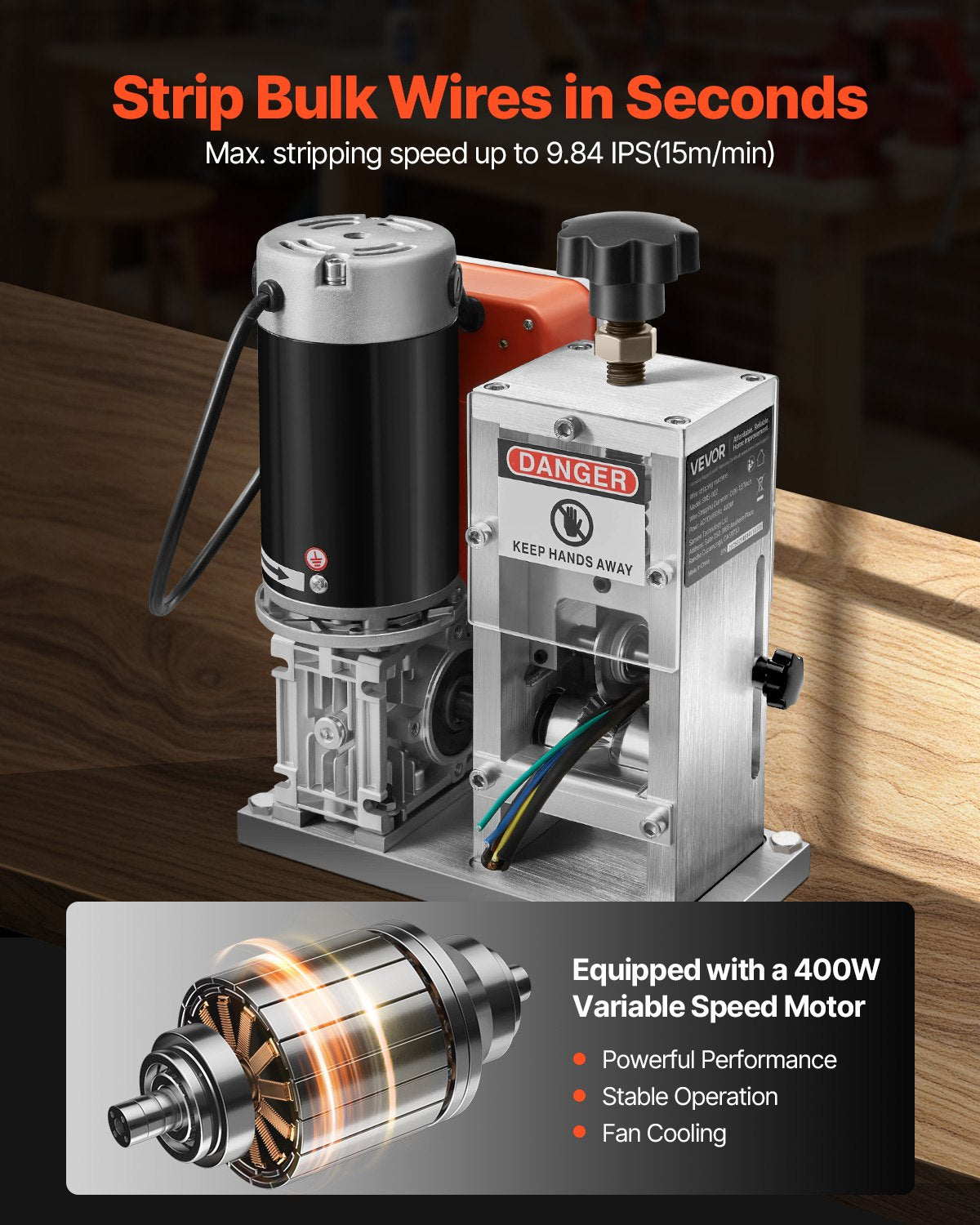 Electric Wire Stripping Machine, 1.5-40 mm, 400W Automatic Motorized Cable Stripper, 9.84 IPS (15 m/min) Wire Peeler with Alloy Blades, V-Shaped Rollers, Cooling Fan, for Scrap Copper Recycling