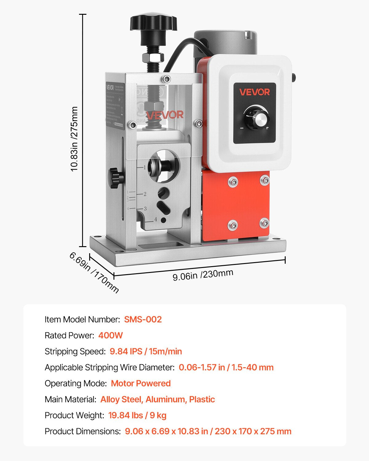 Electric Wire Stripping Machine, 1.5-40 mm, 400W Automatic Motorized Cable Stripper, 9.84 IPS (15 m/min) Wire Peeler with Alloy Blades, V-Shaped Rollers, Cooling Fan, for Scrap Copper Recycling