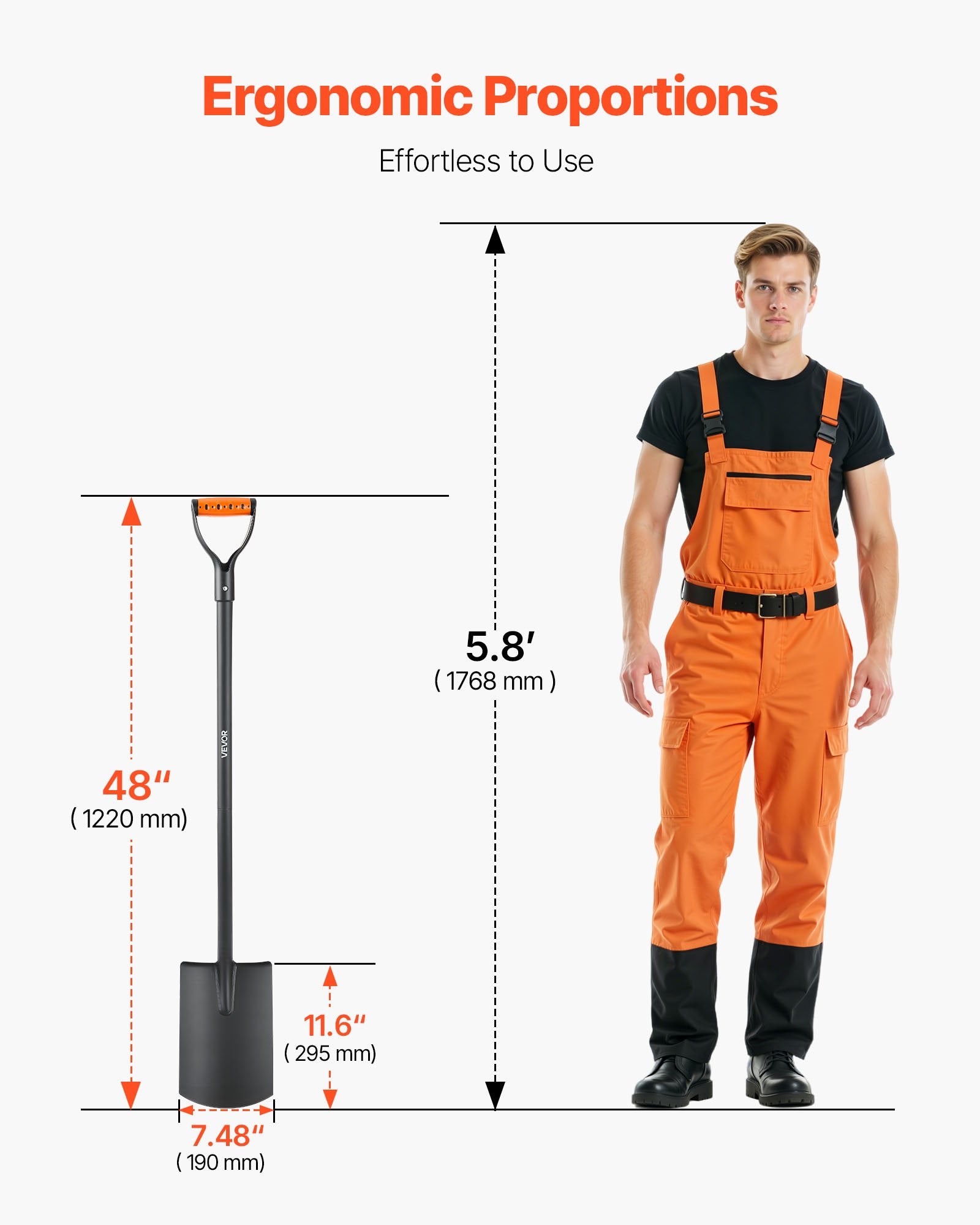 Square Shovel, 122 cm Heavy-Duty Flat Shovel, Transfer Shovels with Alloy Steel Blade and Non-Slip D-Handle, Detachable and Easy Storage, for Gardening, Construction, Digging & Snow Shoveling