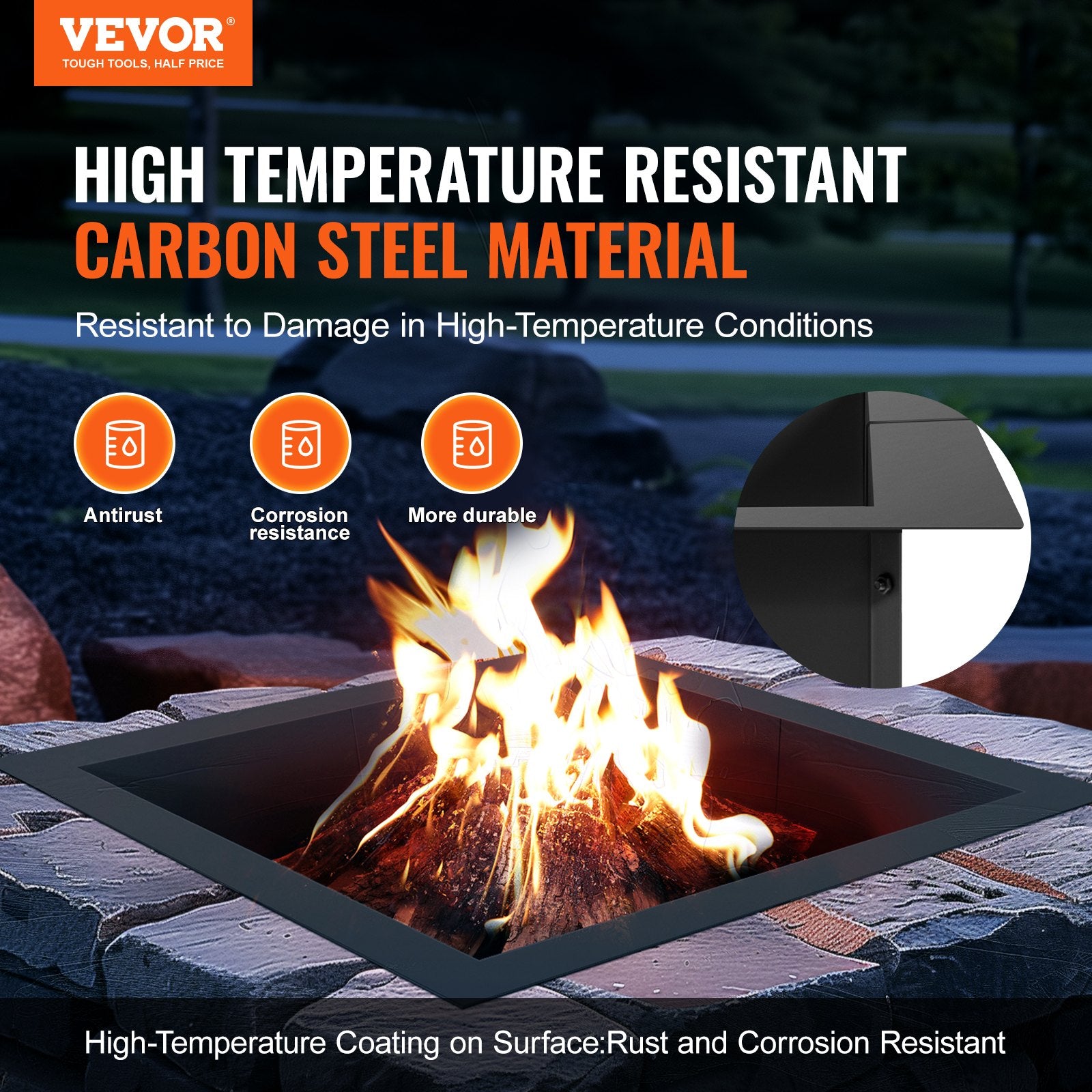 Fire Pit Ring, 42x42 in Outer/36x36 in Inner Diameter, 10inch Height Square Fire Pit Insert, Heavy Duty Carbon Steel Liner DIY Campfire Ring above or In-Ground, for Outdoor Camping, Bonfires