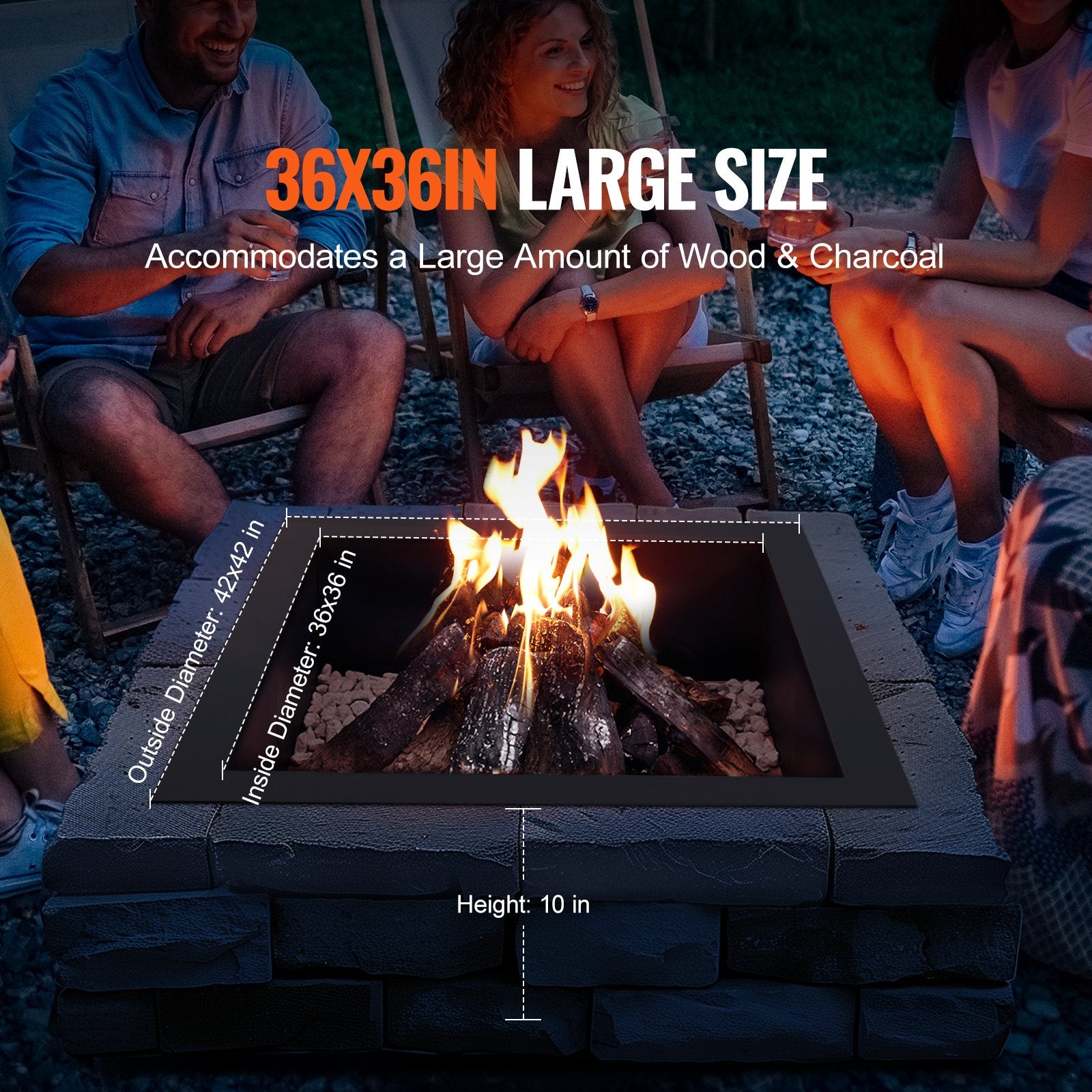 Fire Pit Ring, 42x42 in Outer/36x36 in Inner Diameter, 10inch Height Square Fire Pit Insert, Heavy Duty Carbon Steel Liner DIY Campfire Ring above or In-Ground, for Outdoor Camping, Bonfires