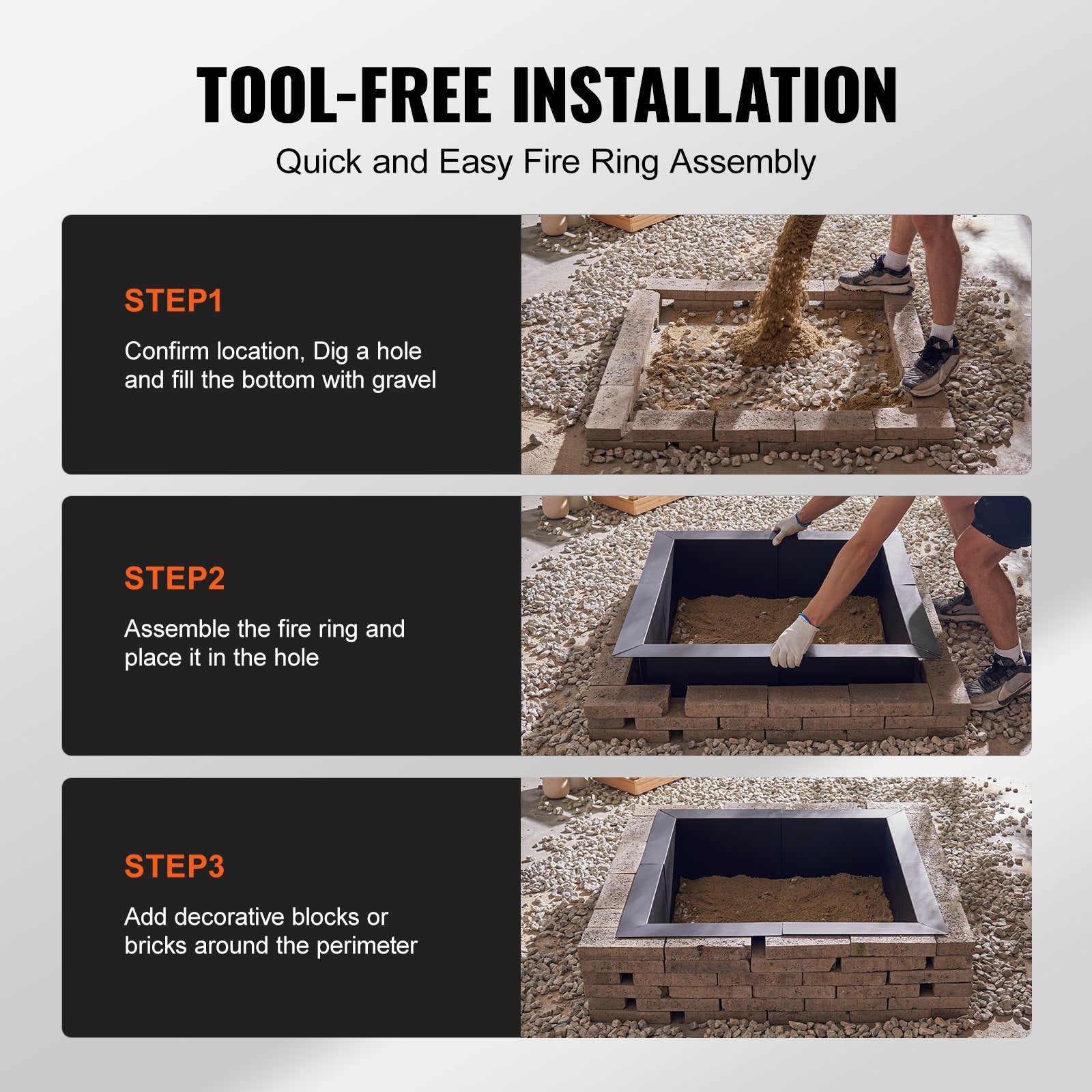 Fire Pit Ring, 42x42 in Outer/36x36 in Inner Diameter, 10inch Height Square Fire Pit Insert, Heavy Duty Carbon Steel Liner DIY Campfire Ring above or In-Ground, for Outdoor Camping, Bonfires