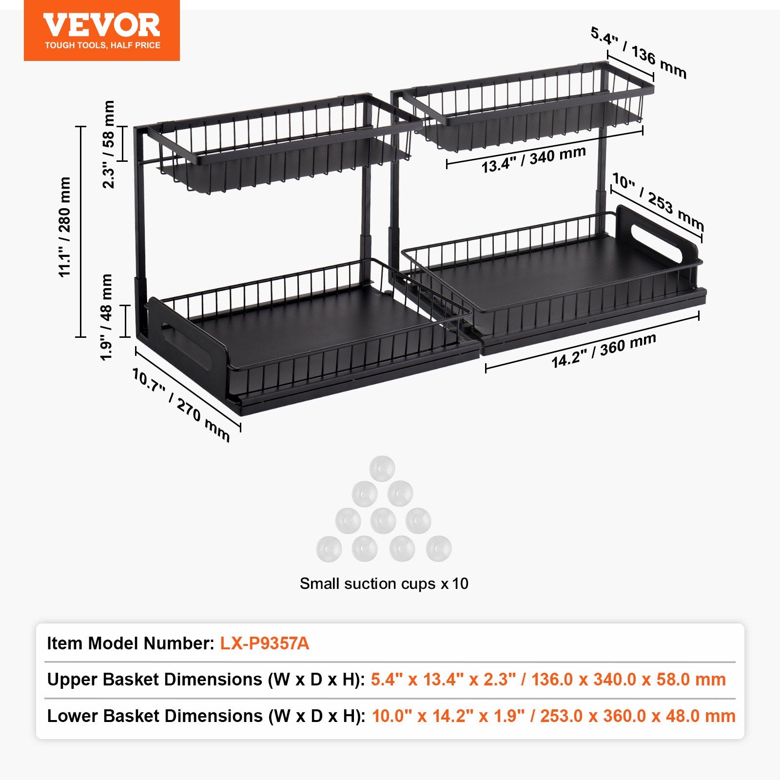VEVOR 2-Tier Wire Pull Out Cabinet Under Sink Basket Organizer 10.7
