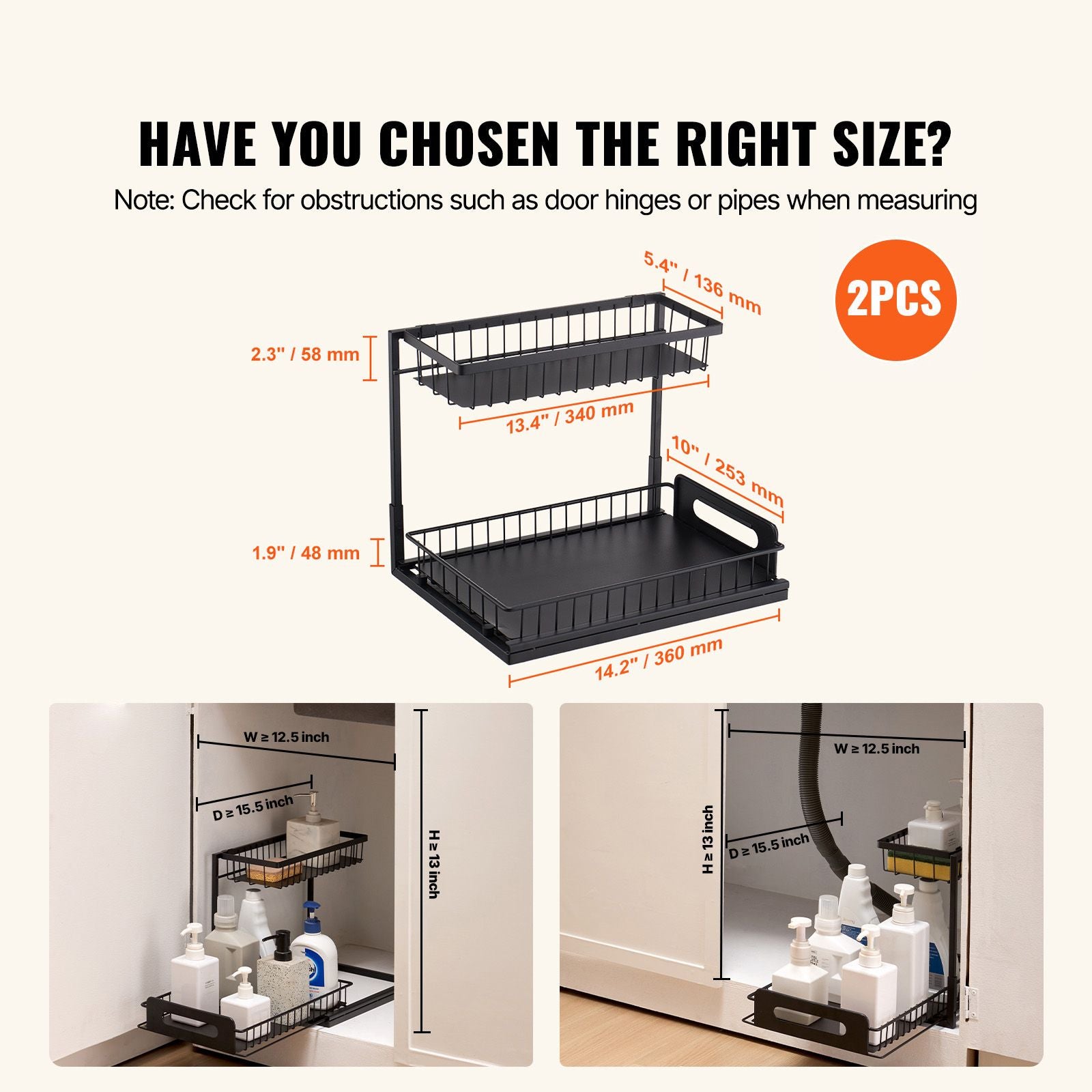 2-Tier Wire Pull Out Cabinet Under Sink Organizer 10.7