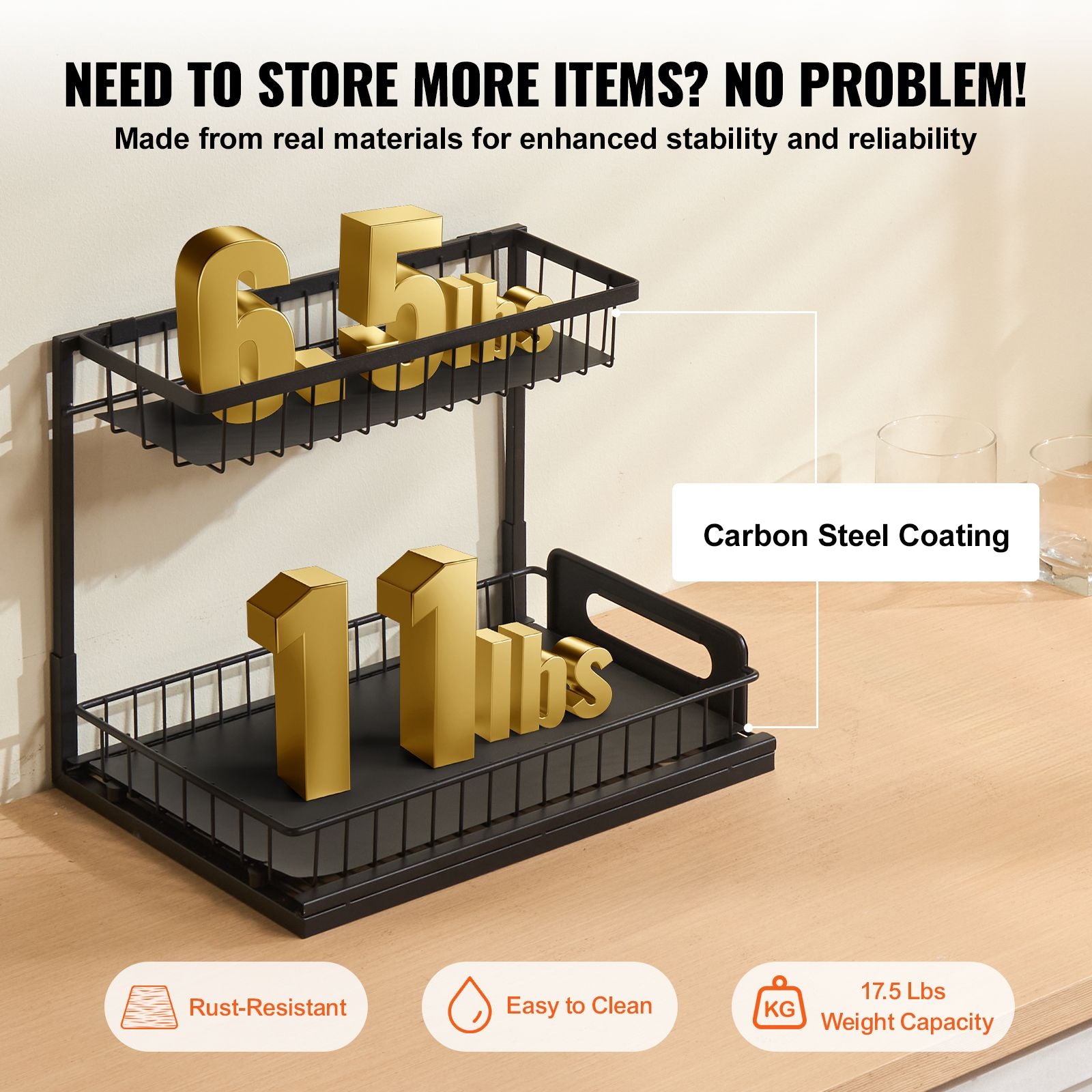 2-Tier Wire Pull Out Cabinet Under Sink Organizer 10.7