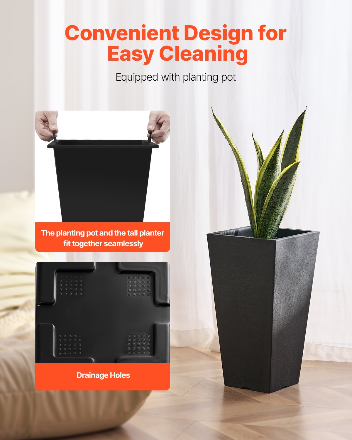 Tall Planter, Set of 2 Tall Square Tapered Planters, 57 cm Large Modern Gardening and Flower Plastic Pots, Decorative Tall Black Planter with Drainage Hole, for Porch, Patio, Indoor & Outdoor