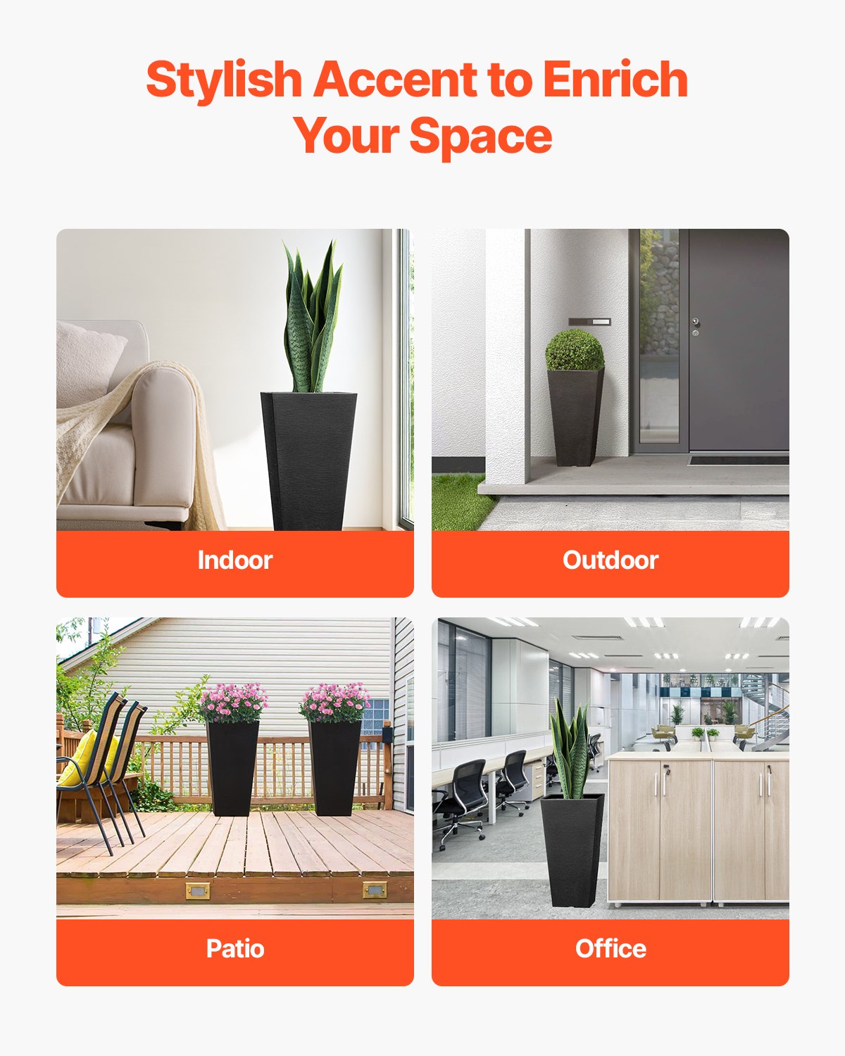 Tall Planter, Set of 2 Tall Square Tapered Planters, 57 cm Large Modern Gardening and Flower Plastic Pots, Decorative Tall Black Planter with Drainage Hole, for Porch, Patio, Indoor & Outdoor