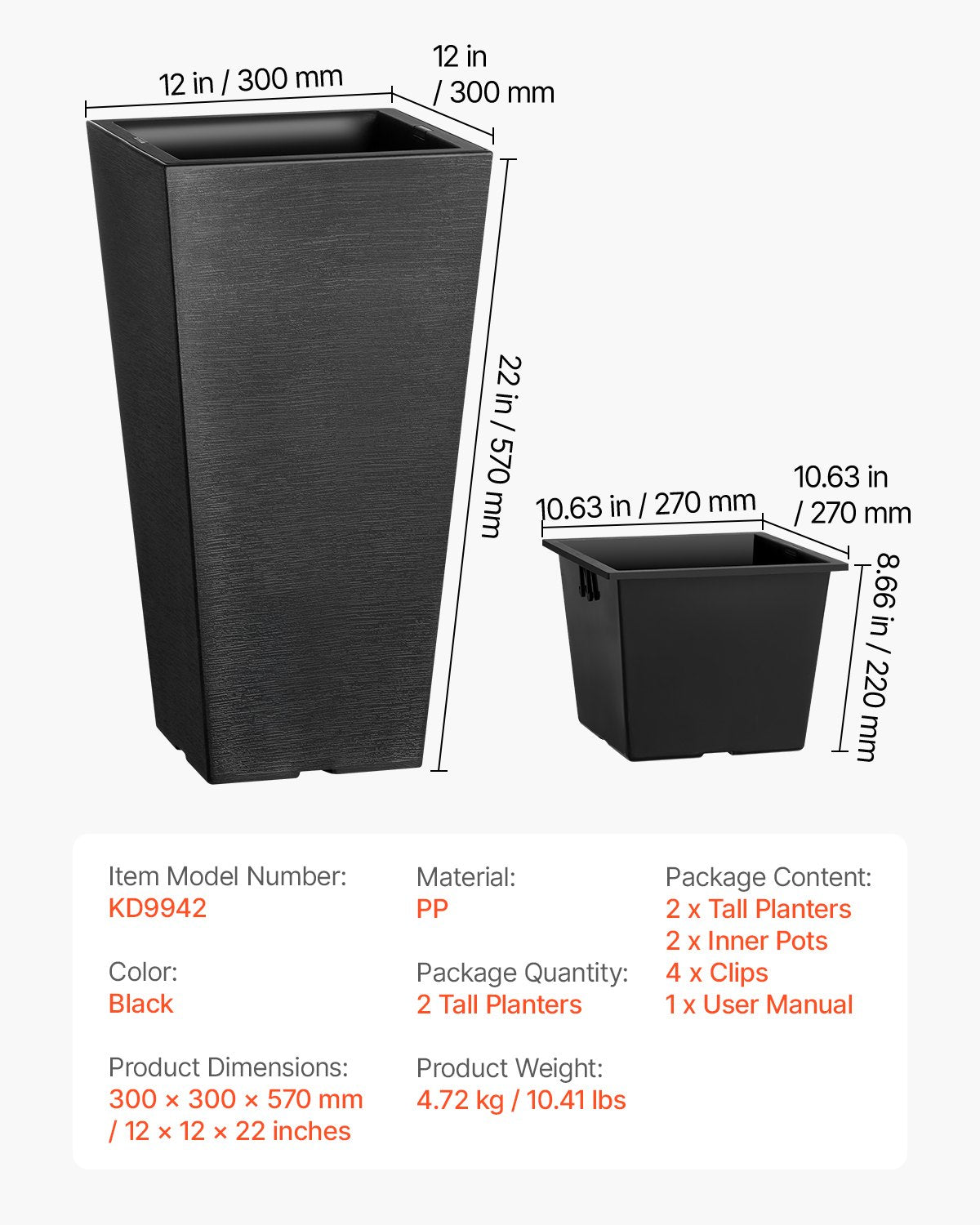 Tall Planter, Set of 2 Tall Square Tapered Planters, 57 cm Large Modern Gardening and Flower Plastic Pots, Decorative Tall Black Planter with Drainage Hole, for Porch, Patio, Indoor & Outdoor