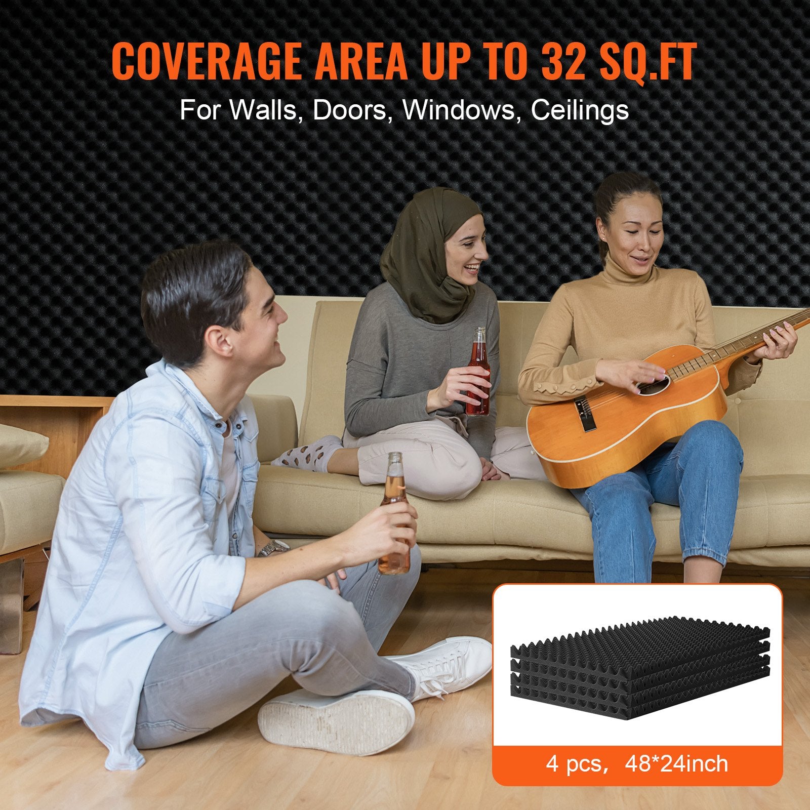 Acoustic Foam Panels 4 Pack 48 x 24 x 2 in for Studio Wall and Ceiling