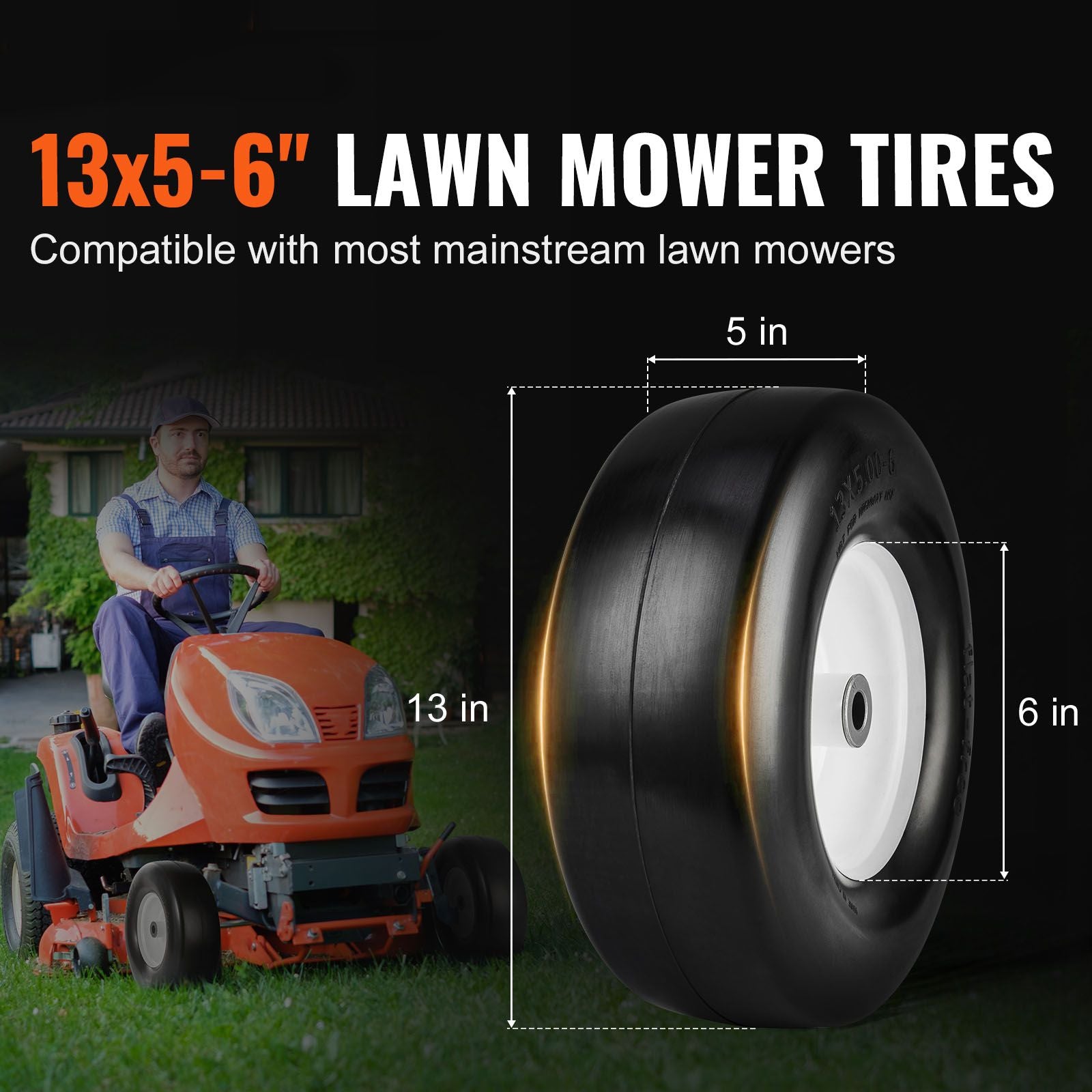 13x5-6 Lawn Mower Tires with Rim 2 Pack Flat Free Tractor Wheel Assembly
