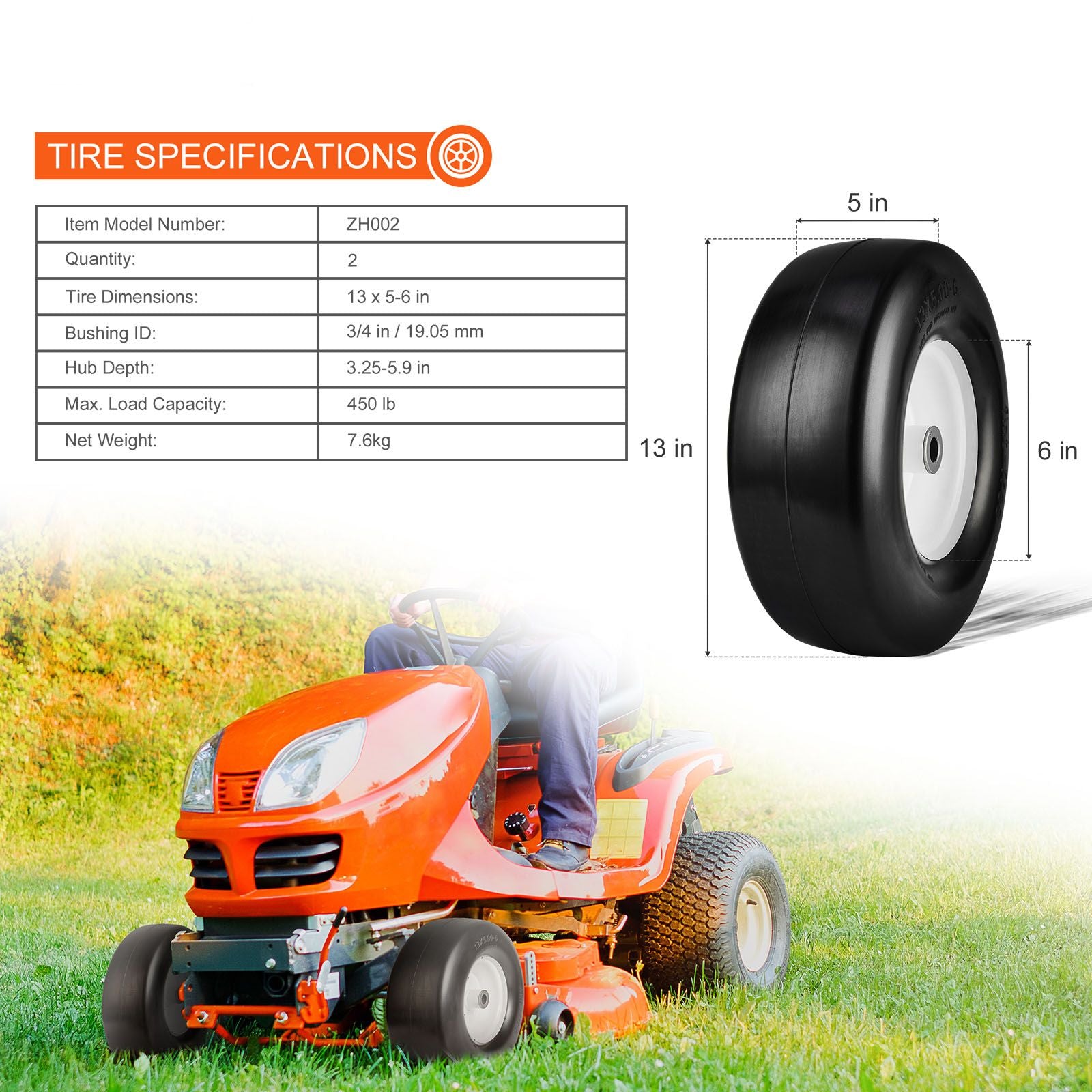 13x5-6 Lawn Mower Tires with Rim 2 Pack Flat Free Tractor Wheel Assembly