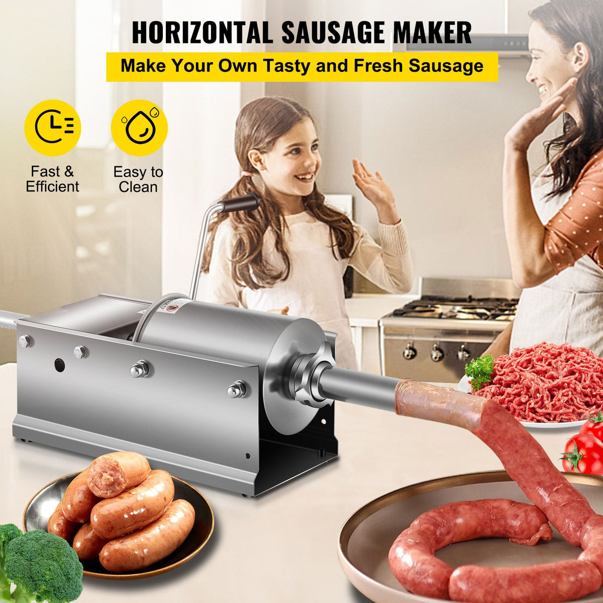 3L Manual Sausage Stuffer 304 Stainless Steel Dual Speed Meat Filler Machine
