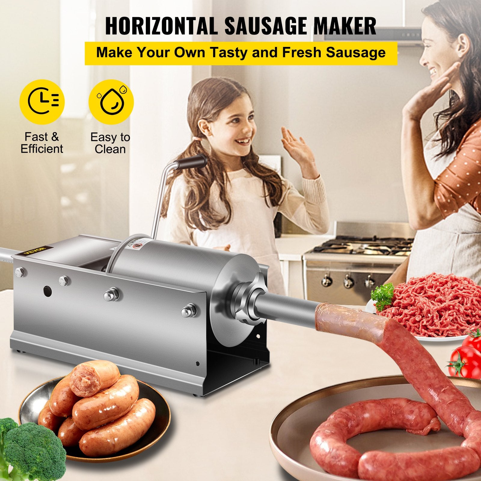 Manual Sausage Stuffer, 3 L / 7 LBS Horizontal Sausage Machine, Dual-Speed Meat Stuffer, Made of Food-Grade 304 Stainless Steel, Includes 5 Stuffing Tubes, for Home Kitchen Restaurant Commercial