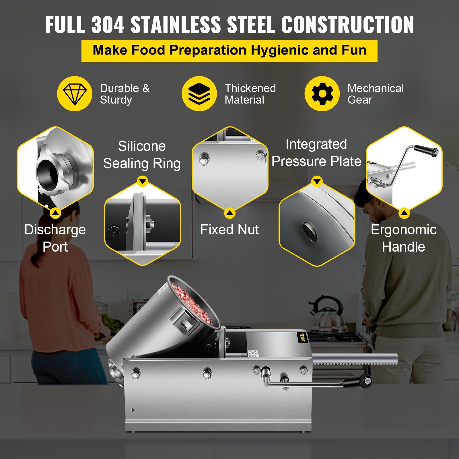 Manual Sausage Stuffer, 3 L / 7 LBS Horizontal Sausage Machine, Dual-Speed Meat Stuffer, Made of Food-Grade 304 Stainless Steel, Includes 5 Stuffing Tubes, for Home Kitchen Restaurant Commercial