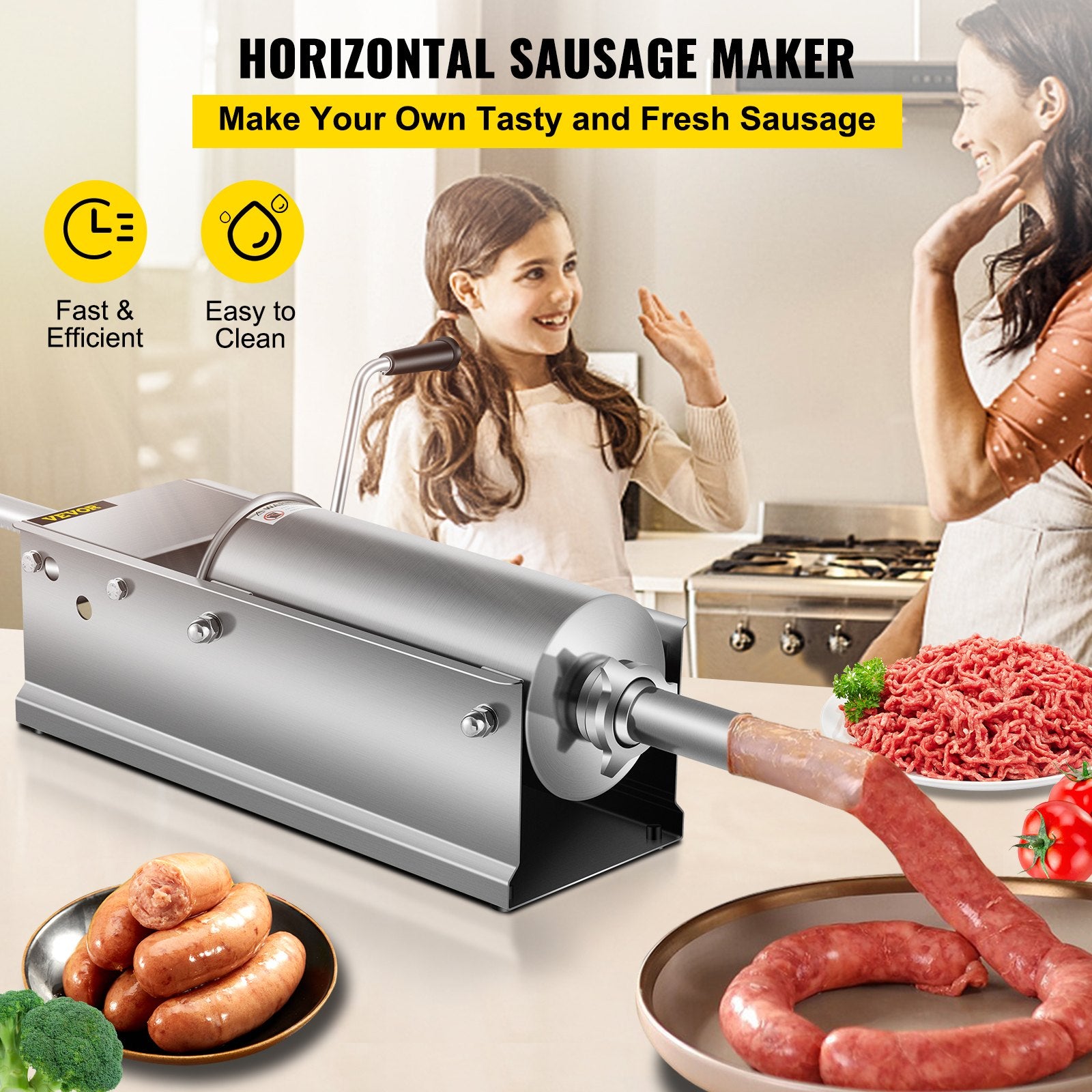 Manual Sausage Stuffer, 5 L / 11 LBS Horizontal Sausage Machine, Dual-Speed Meat Stuffer, Made of Food-Grade 304 Stainless Steel, Includes 5 Stuffing Tubes, for Home Kitchen Restaurant Commercia