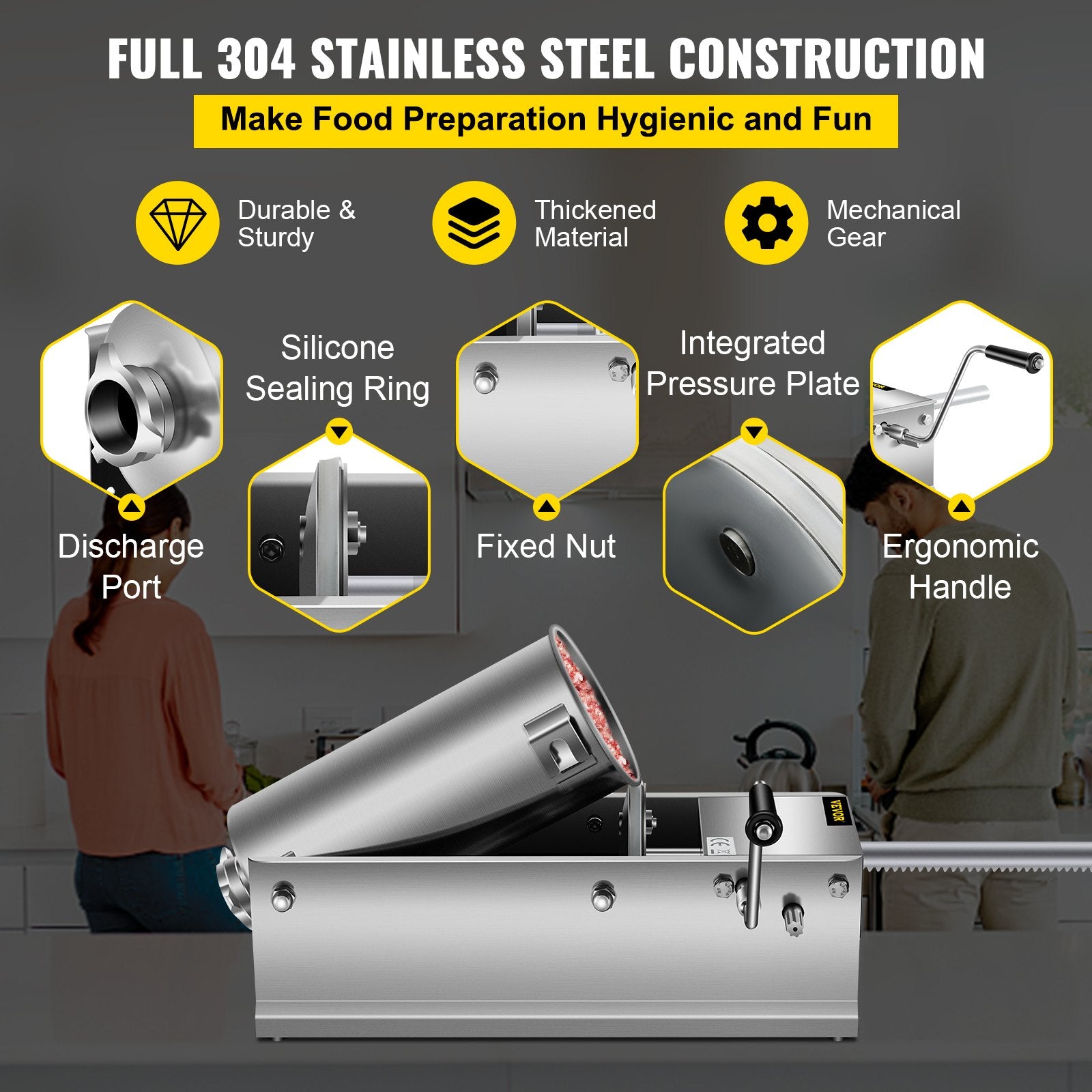 Manual Sausage Stuffer, 5 L / 11 LBS Horizontal Sausage Machine, Dual-Speed Meat Stuffer, Made of Food-Grade 304 Stainless Steel, Includes 5 Stuffing Tubes, for Home Kitchen Restaurant Commercia