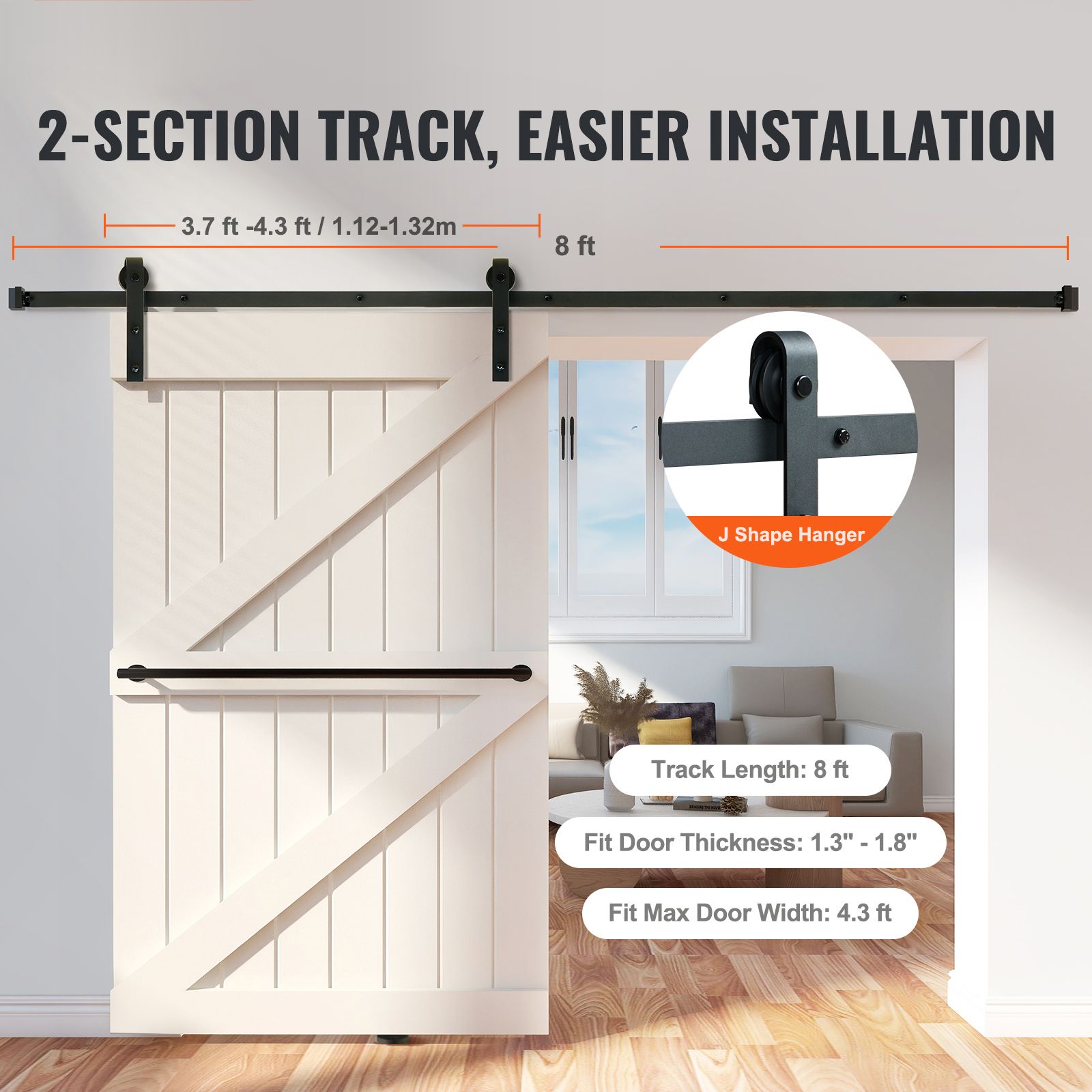 8FT Sliding Barn Door Hardware Closet Track Kit for Single Door J Hanger