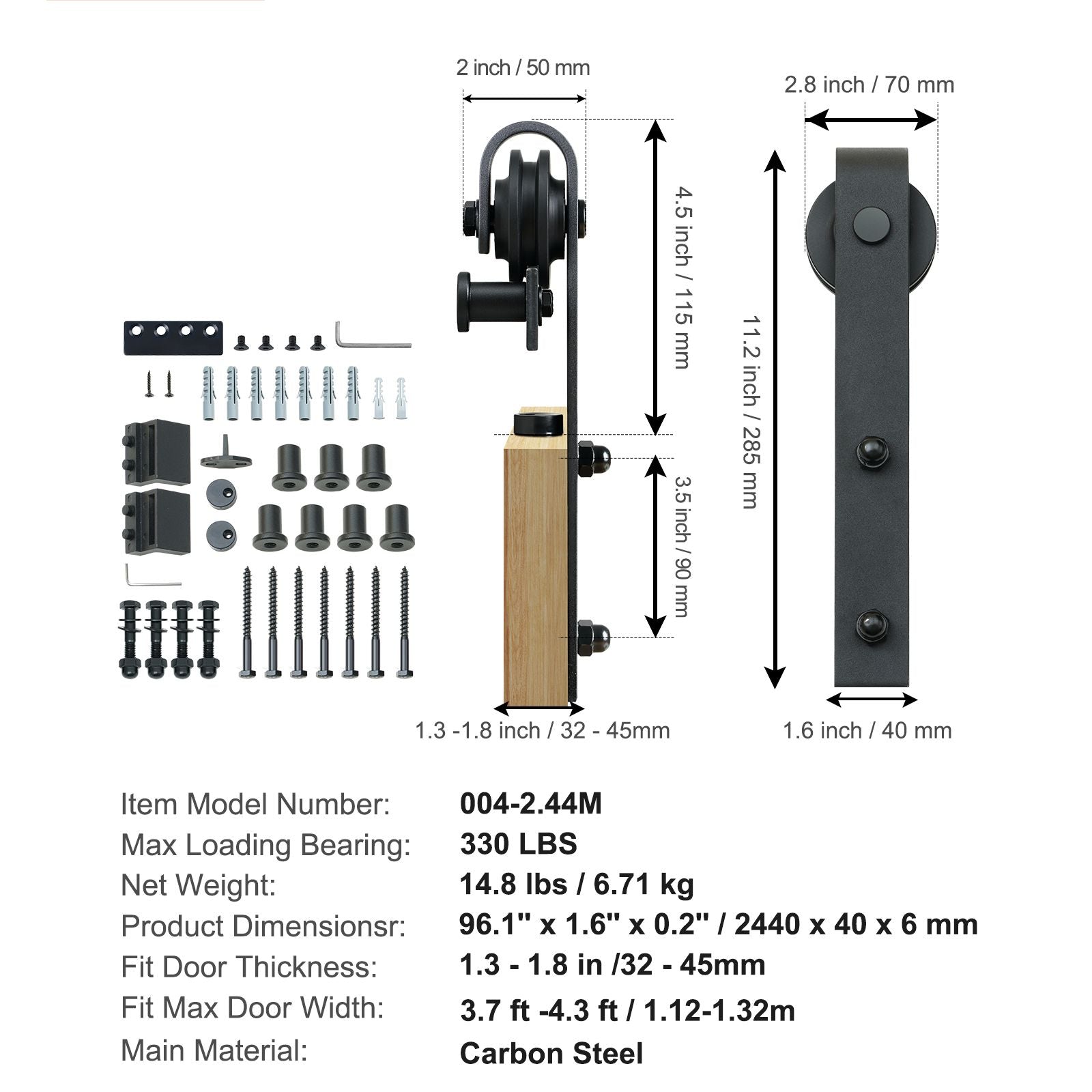 8FT Sliding Barn Door Hardware Closet Track Kit for Single Door J Hanger
