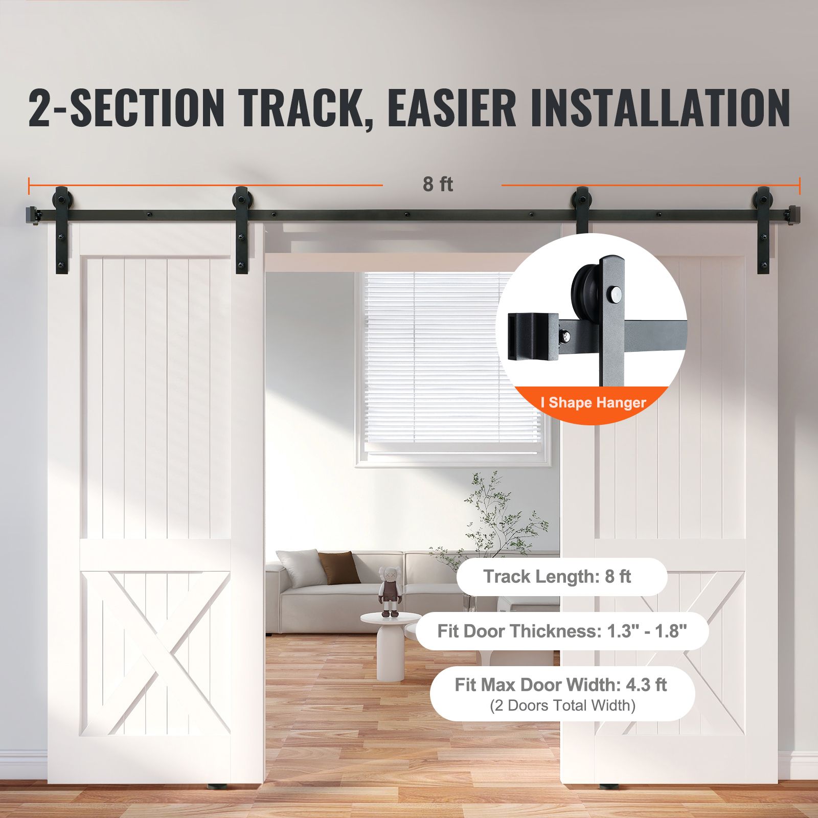 8FT Sliding Barn Door Hardware Closet Track Kit for Double Doors I Hanger