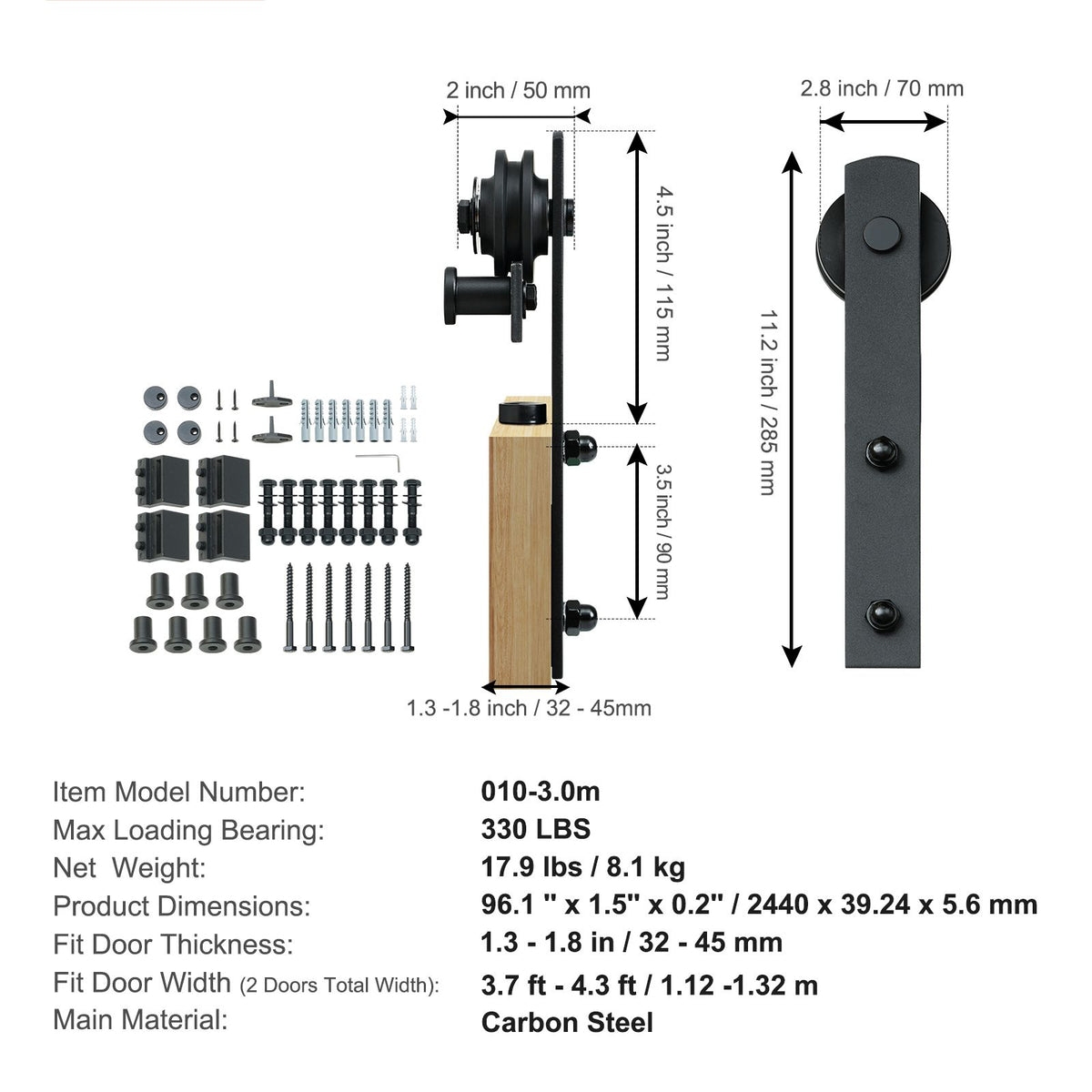 8 ft Sliding Barn Door Hardware Kit for Double Doors, Heavy Duty I Hangers