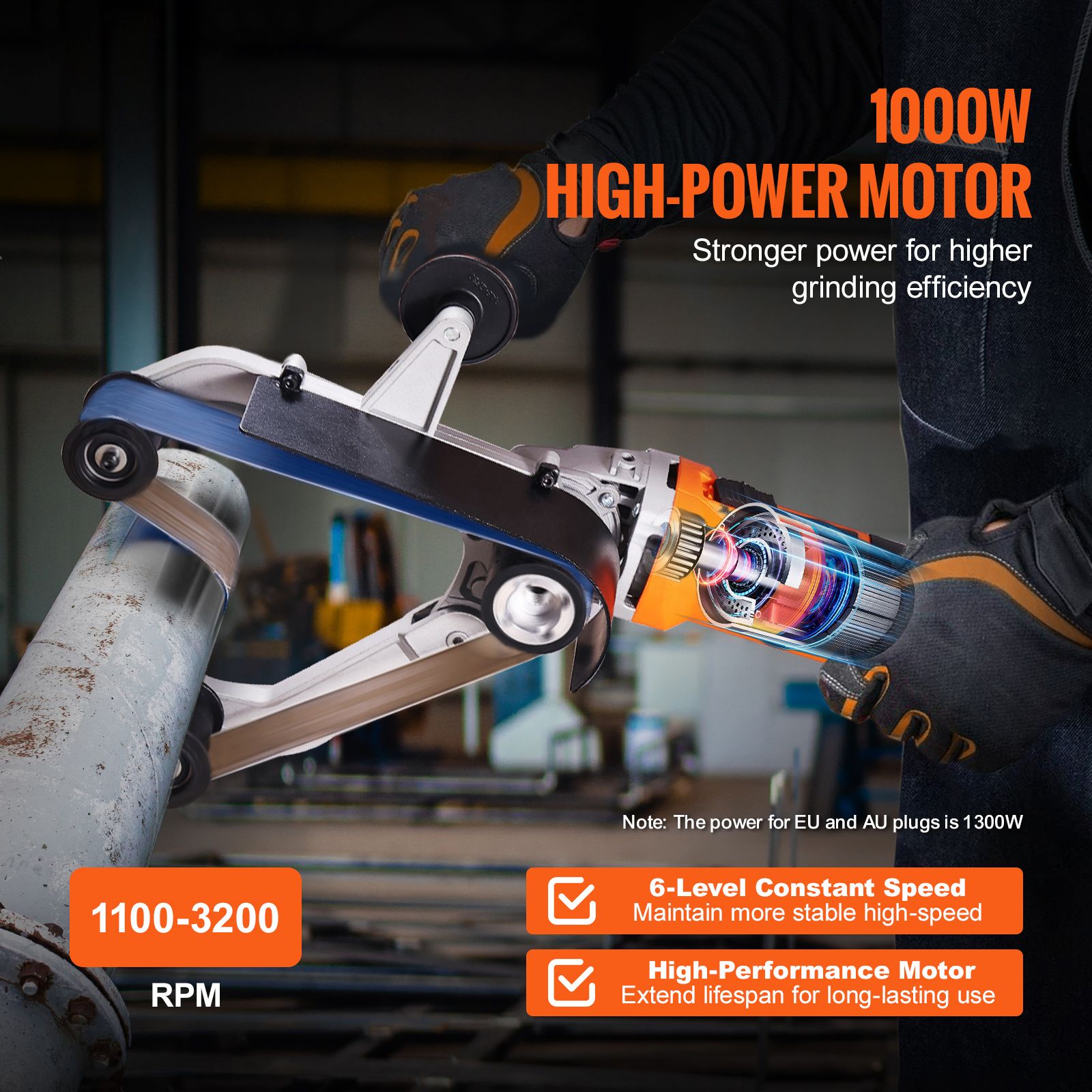 Pipe Tube Polisher Sander, 1300W Pipe Belt Sander with 6 Variable Speeds 1100-3200rpm, Professional Belt Sander Grinding Machine with 50PCS Sanding Belts for Burnishing Finishing Rust Removal