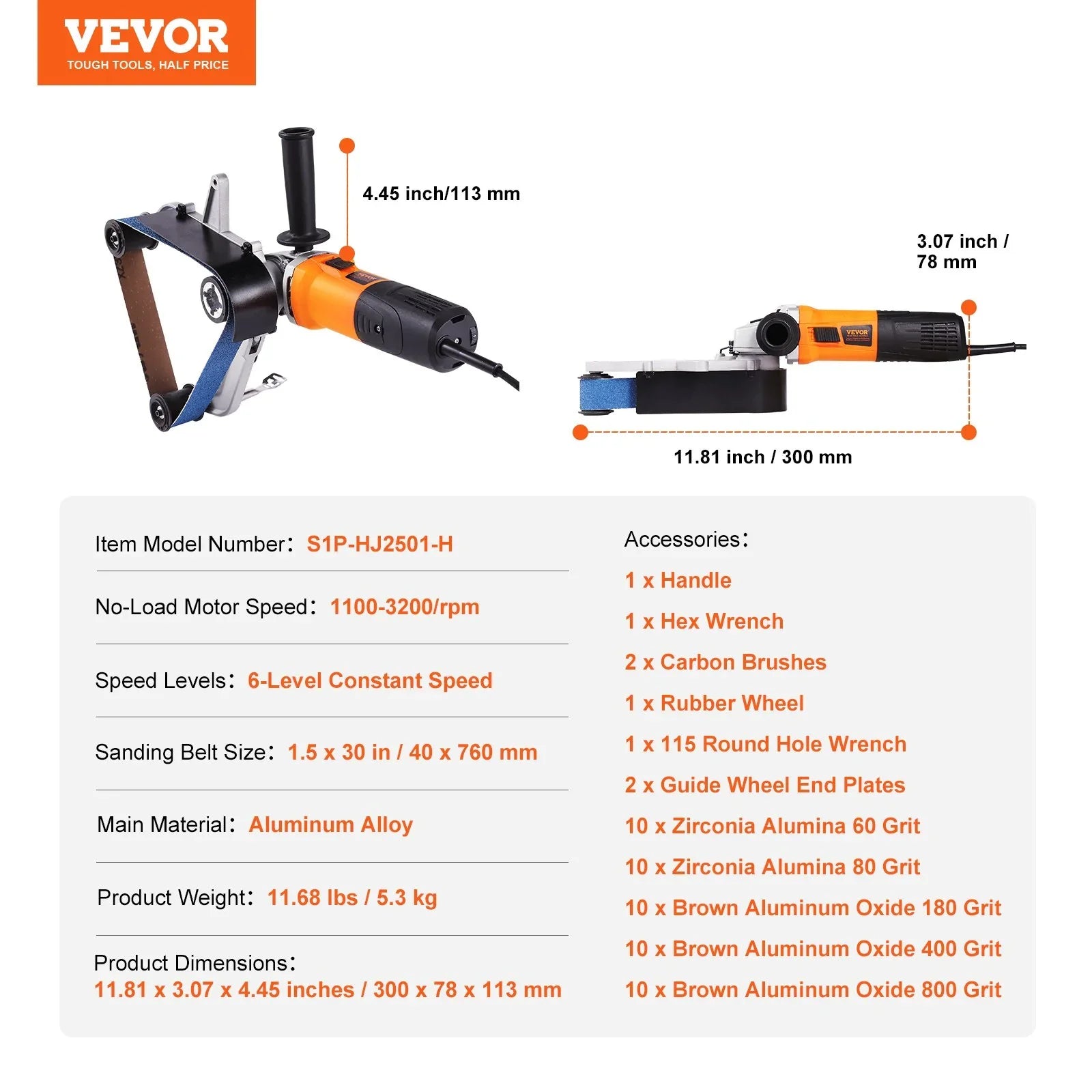 Pipe Tube Polisher Sander, 1300W Pipe Belt Sander with 6 Variable Speeds 1100-3200rpm, Professional Belt Sander Grinding Machine with 50PCS Sanding Belts for Burnishing Finishing Rust Removal