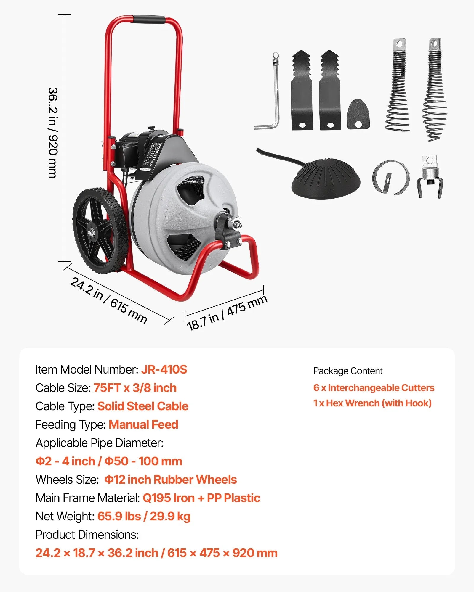 Drain Cleaner Machine 22m x 9.5mm, Sewer Snake Auger Manual Feed on Wheels, Portable Drain Cleaning Machine with 6 Cutters & Air-activated Foot Switch for 50mm to 100mm Pipes