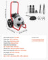 Drain Cleaner Machine 22m x 9.5mm, Sewer Snake Auger Manual Feed on Wheels, Portable Drain Cleaning Machine with 6 Cutters & Air-activated Foot Switch for 50mm to 100mm Pipes