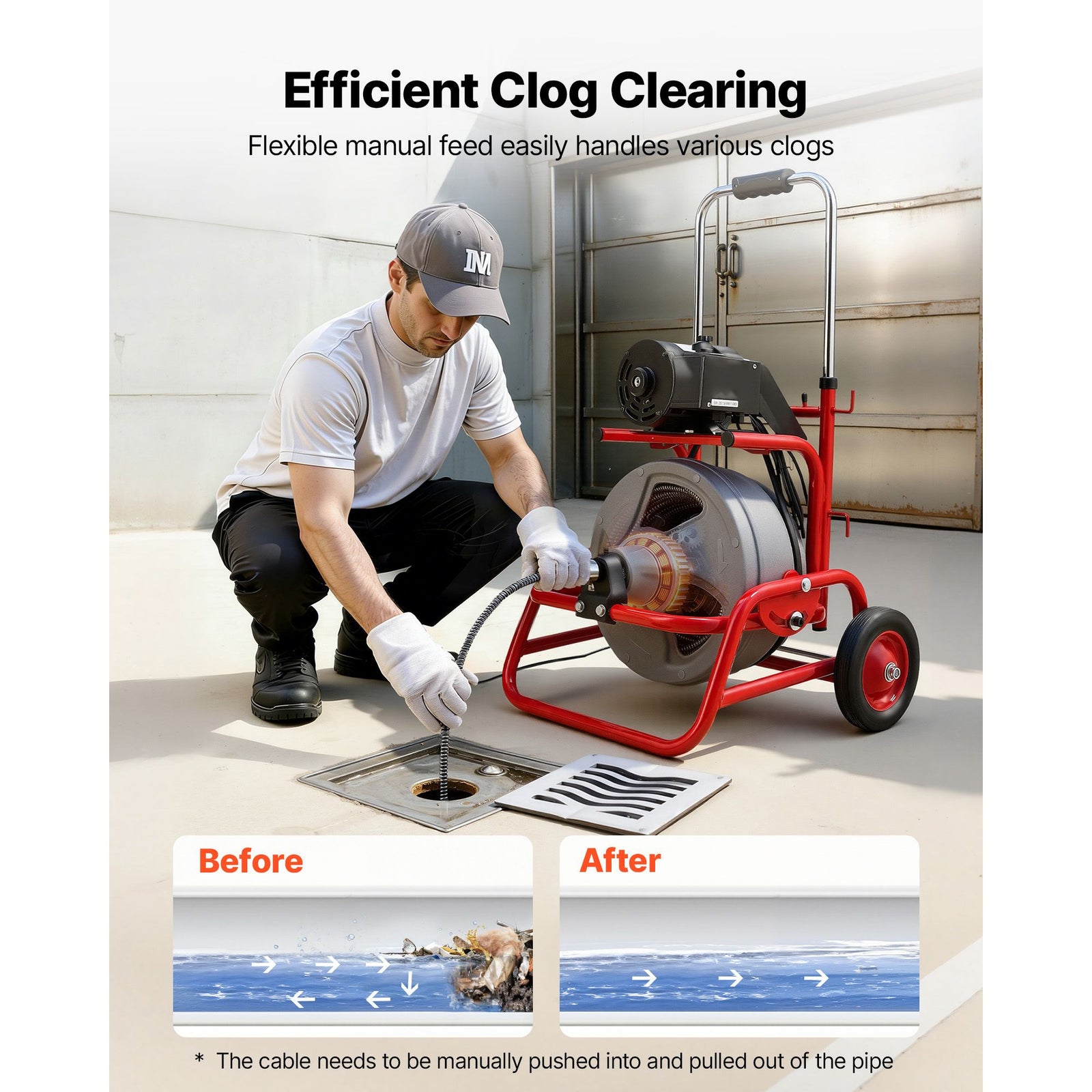 Drain Cleaner Machine 22m x 12.7mm, Sewer Snake Auger on Wheels, Manual Feed Drain Cleaning Machine with Adjustable Drum Angle, 6 Cutters & Air-activated Foot Switch for 50mm to 150mm Pipes
