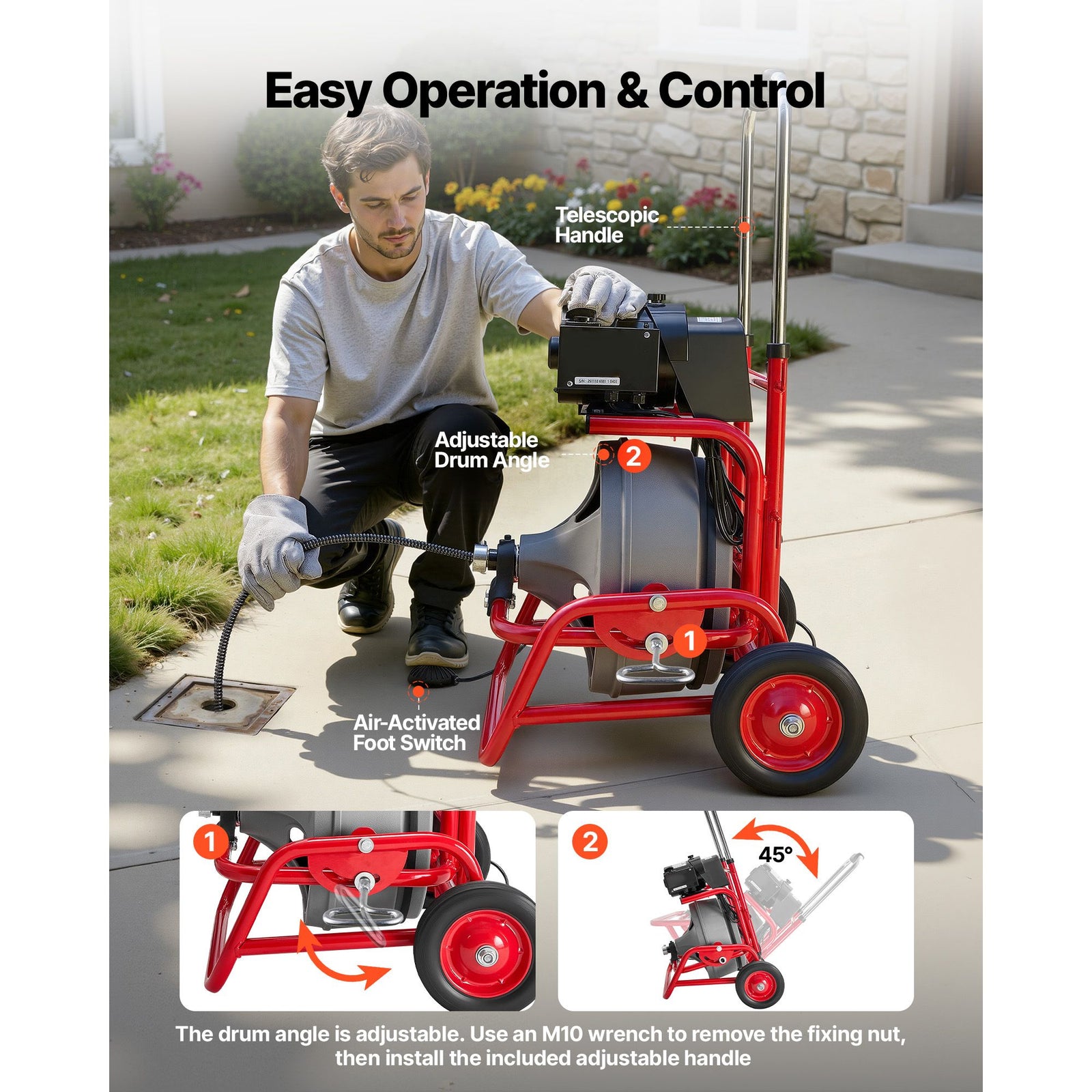 Drain Cleaner Machine 22m x 12.7mm, Sewer Snake Auger on Wheels, Manual Feed Drain Cleaning Machine with Adjustable Drum Angle, 6 Cutters & Air-activated Foot Switch for 50mm to 150mm Pipes