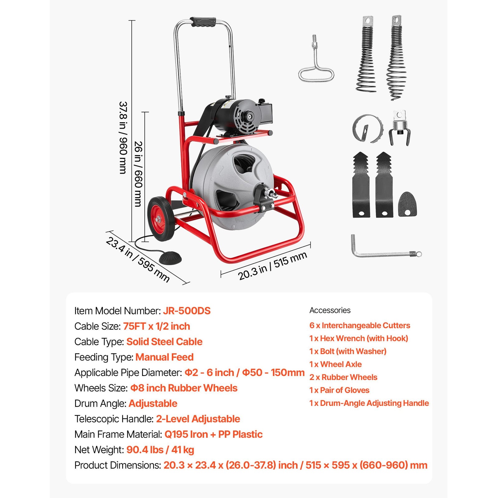 Drain Cleaner Machine 22m x 12.7mm, Sewer Snake Auger on Wheels, Manual Feed Drain Cleaning Machine with Adjustable Drum Angle, 6 Cutters & Air-activated Foot Switch for 50mm to 150mm Pipes