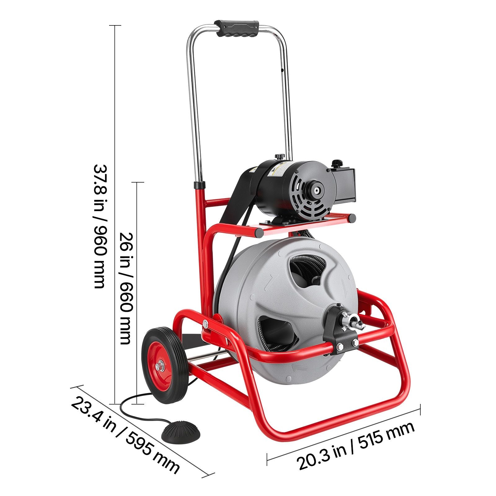 Drain Cleaner Machine 22m x 12.7mm, Sewer Snake Auger on Wheels, Manual Feed Drain Cleaning Machine with Adjustable Drum Angle, 6 Cutters & Air-activated Foot Switch for 50mm to 150mm Pipes